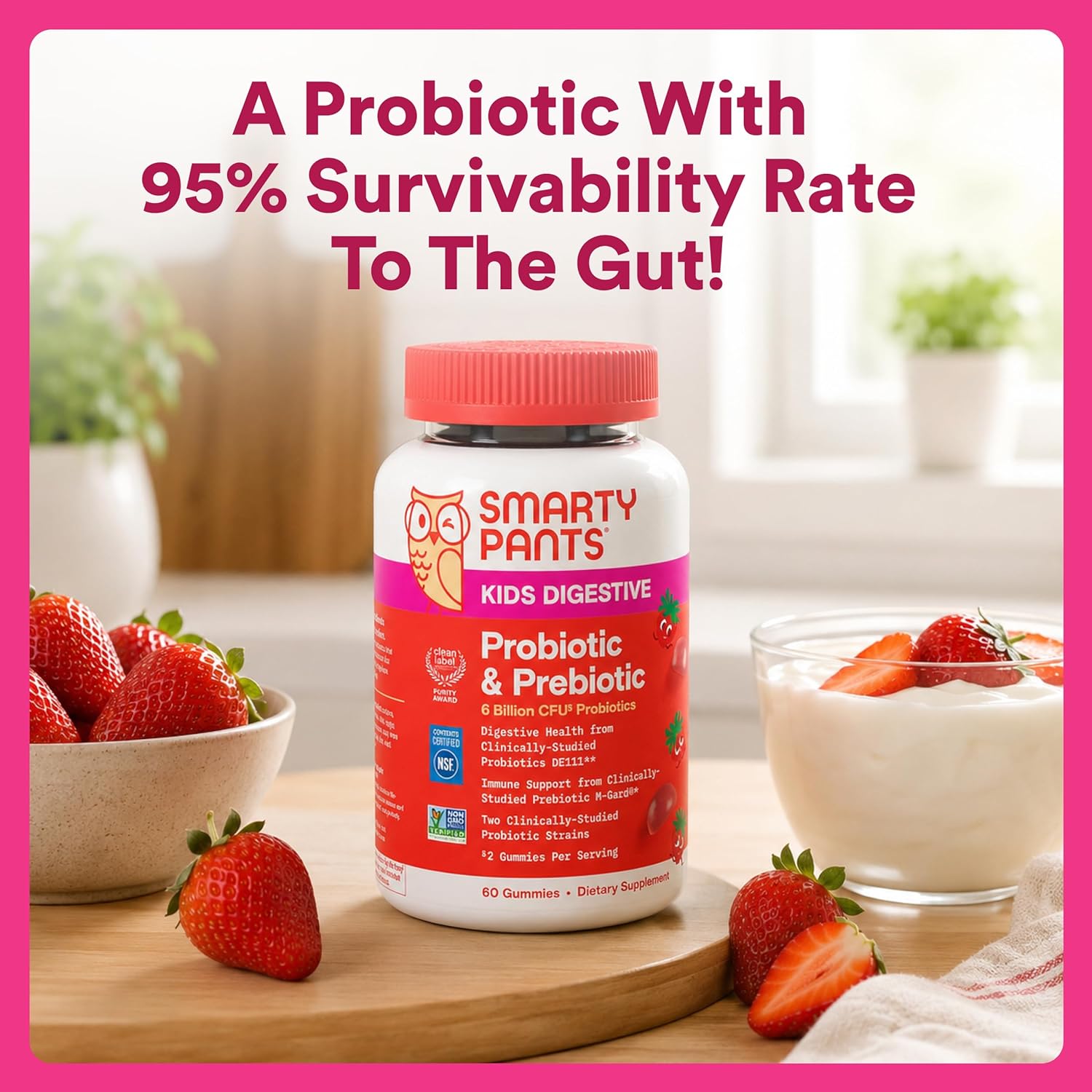 SmartyPants Kids Probiotic & Prebiotic Gummies for Digestive Health: Gut Health Supplement, Clinically Studied Prebiotic for Immune Support, Strawberry, 60 Count (30 Day Supply)