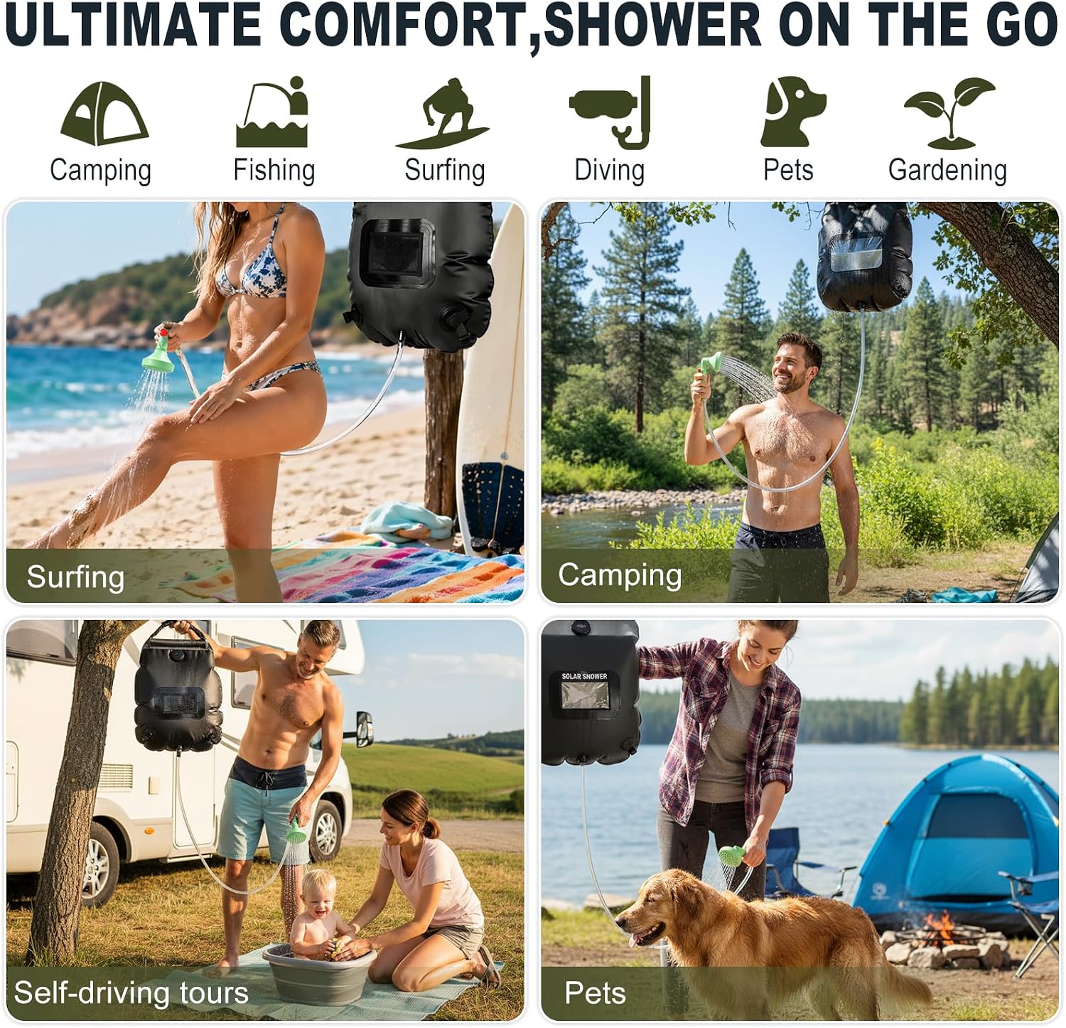 Solar Shower Bag | 5 Gal/20L Solar Heating Camping Shower Bag | Removable Hose | On-Off Switchable Shower Head | Ducha Portatil | Traveling Shower | Portable Shower for Beach Swimming, Hiking
