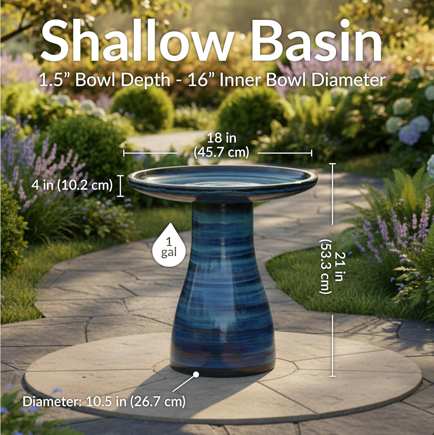 Sunnydaze Ceramic Bird Bath, Weather-Resistant Finish, 21” H, Galaxy Blue