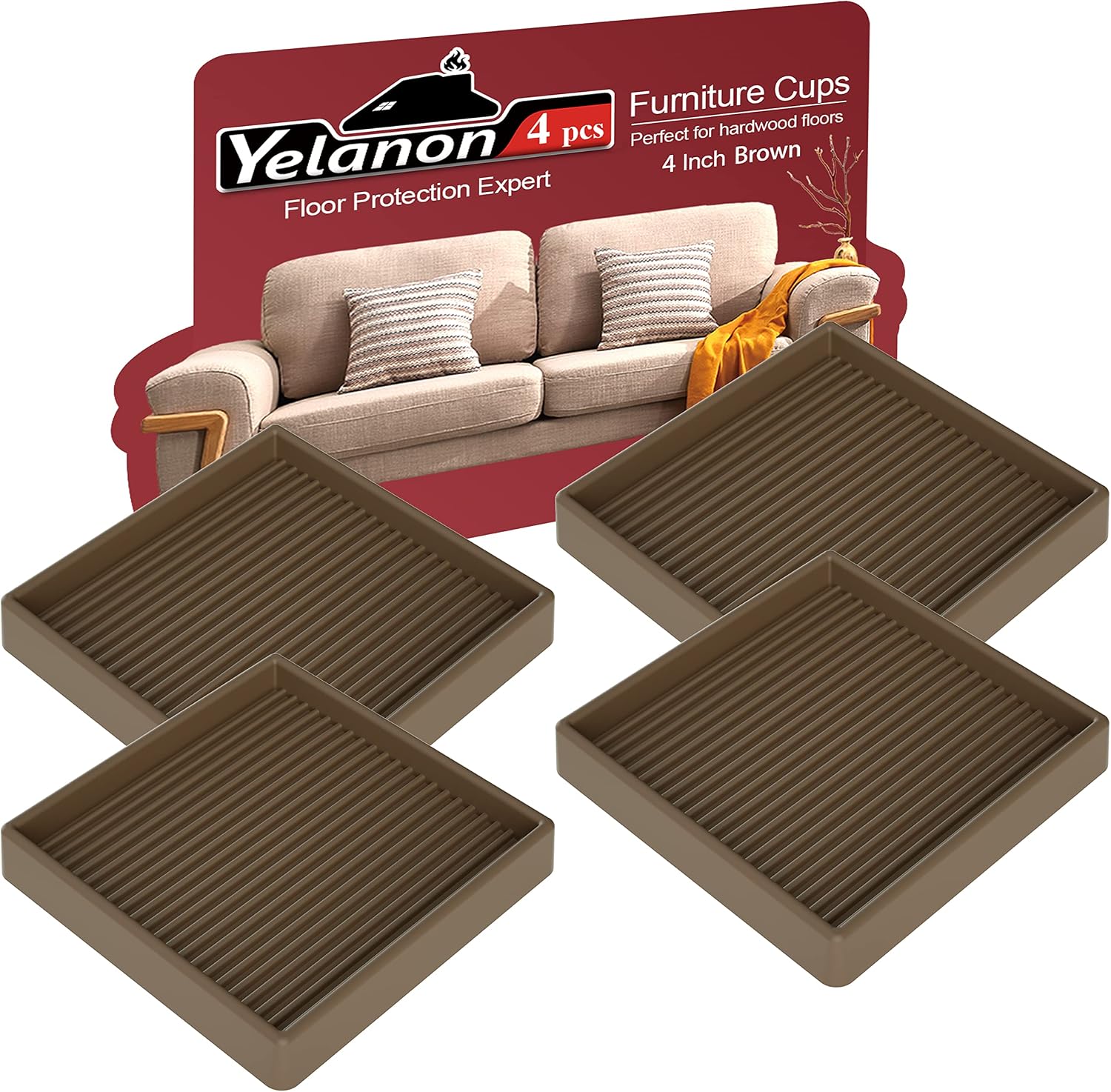 Yelanon Furniture Coasters 8 Pcs 3" Square Brown Caster Cups for Hardwood
