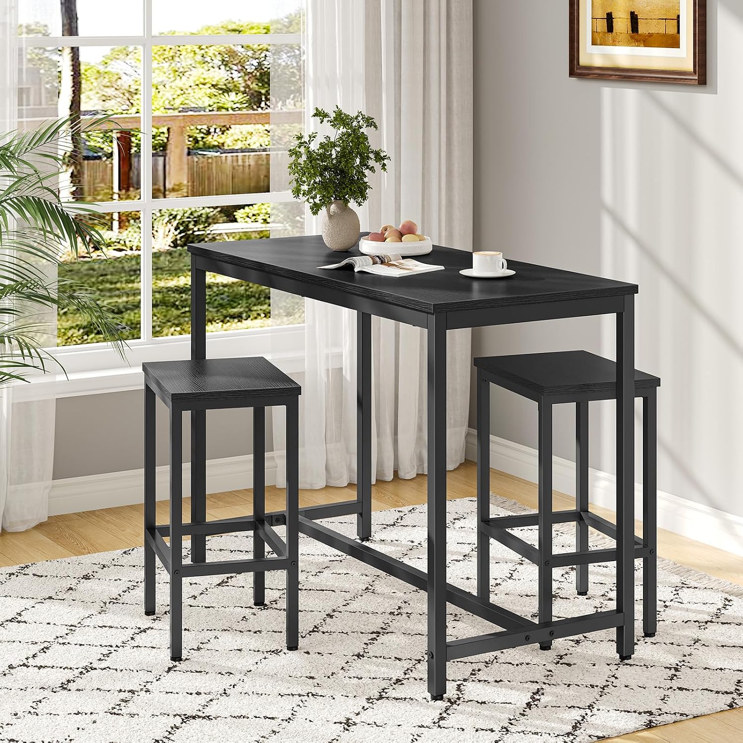 HOOBRO Bar Table and Chairs Set, 47.2” Rectangular Pub Table with 2 Stools for Small Space, 3-Piece Breakfast stools Set, Sturdy Metal Frame