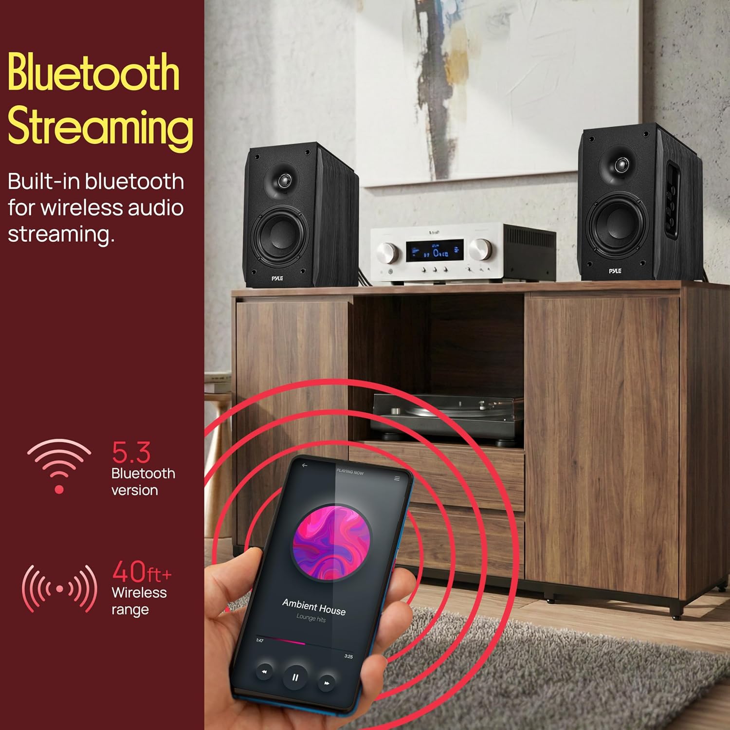 Pyle Powered Bookshelf Speaker System with Bluetooth, 80W Active Stereo Speakers, Bass Reflex Natural Wood Cabinet, Hi Def ARC, Optical, Coax, Subwoofer Out, for Entertainment, Studio (Pair)