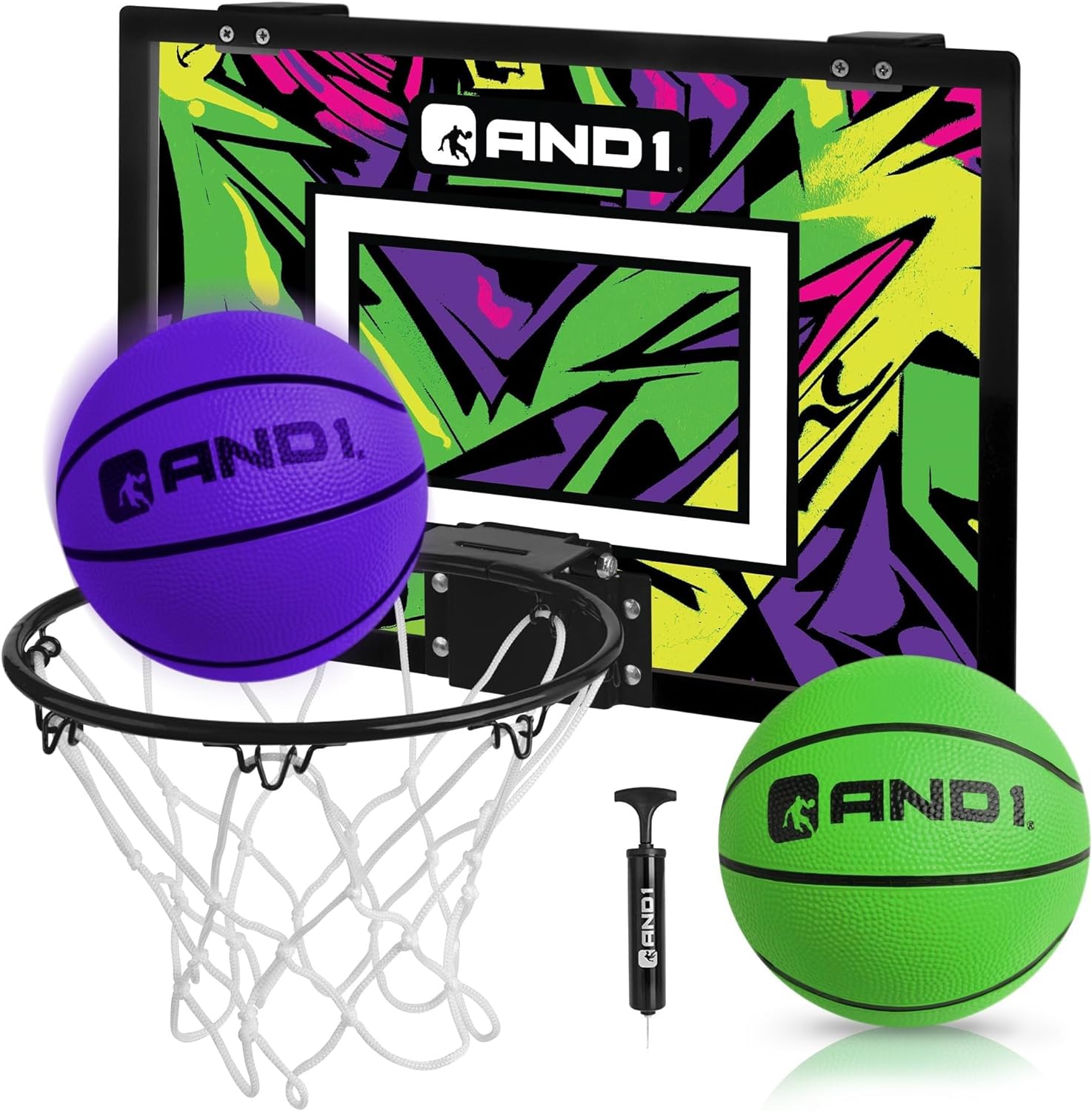 AND1 Over the Door Mini Basketball Hoop: 18x12 Shatterproof Backboard, 2 Mini Basketballs