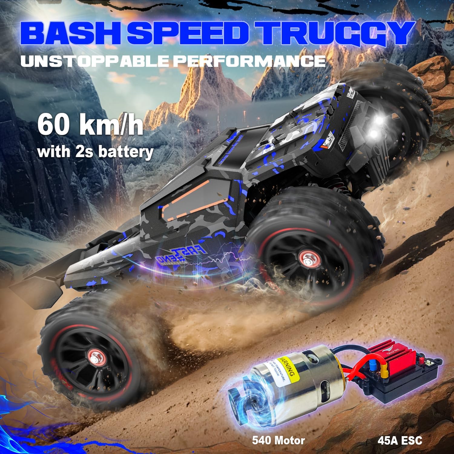 1:14 Scale RC Cars for Adults, 60KPH High Speed RC Truggy, 4X4 Off-Road Remote Control Truck, Waterproof Electric Car with 2S Battery