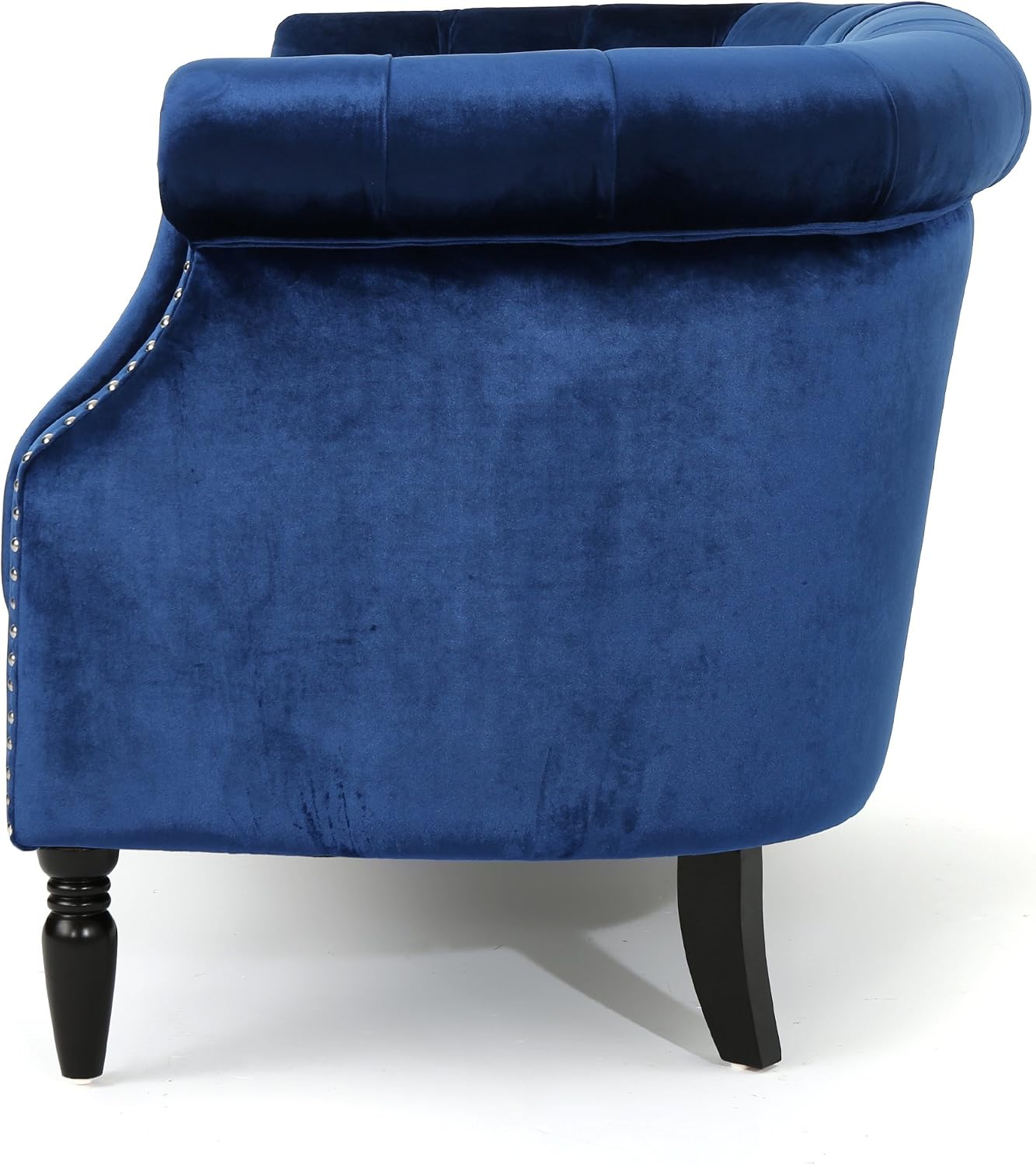 Christopher Knight Home Milani Tufted Scroll Arm Velvet Loveseat, Navy Blue / Dark Brown