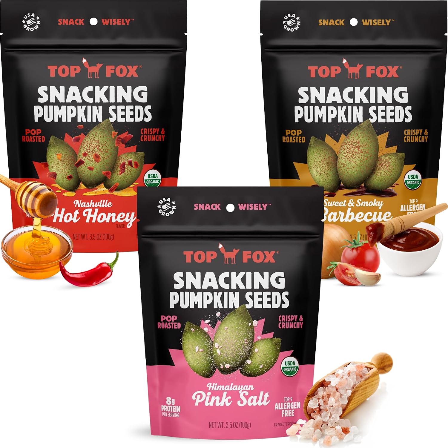 Top Fox Snacks - Organic Pop-Roasted Pumpkin Seeds | Healthy Protein Snacks - Gluten Free - Keto and Vegan Friendly (Himalayan Salt, 3.5 oz - 2 Pack)