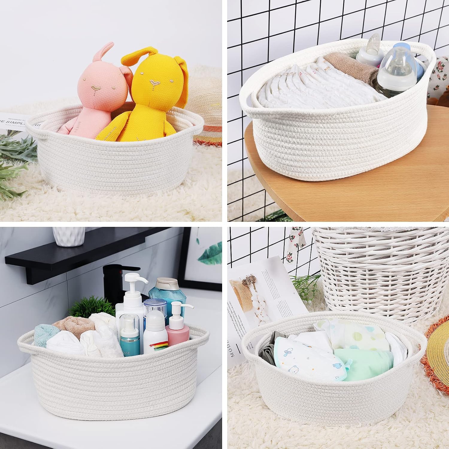 ABenkle Small Basket with Handles, Boho Decorative Rope Woven Dog Cat Toy Storage Bin Shelf Storage Organizer, Easter Christmas Gift Basket, 12"x8"x5"