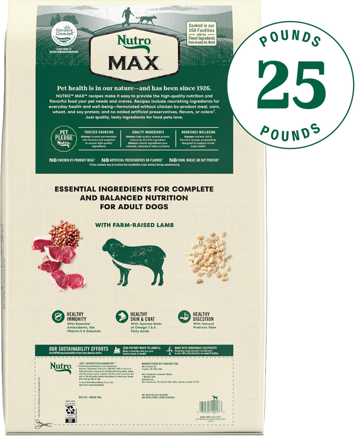 Nutro Max Adult Recipe Dry Dog Food, Farm-Raised Beef, 25 lb | Non-GMO ingredients, wholesome grains, no chicken by-product meal/corn, wheat, soy, supports muscles, energy & vitality