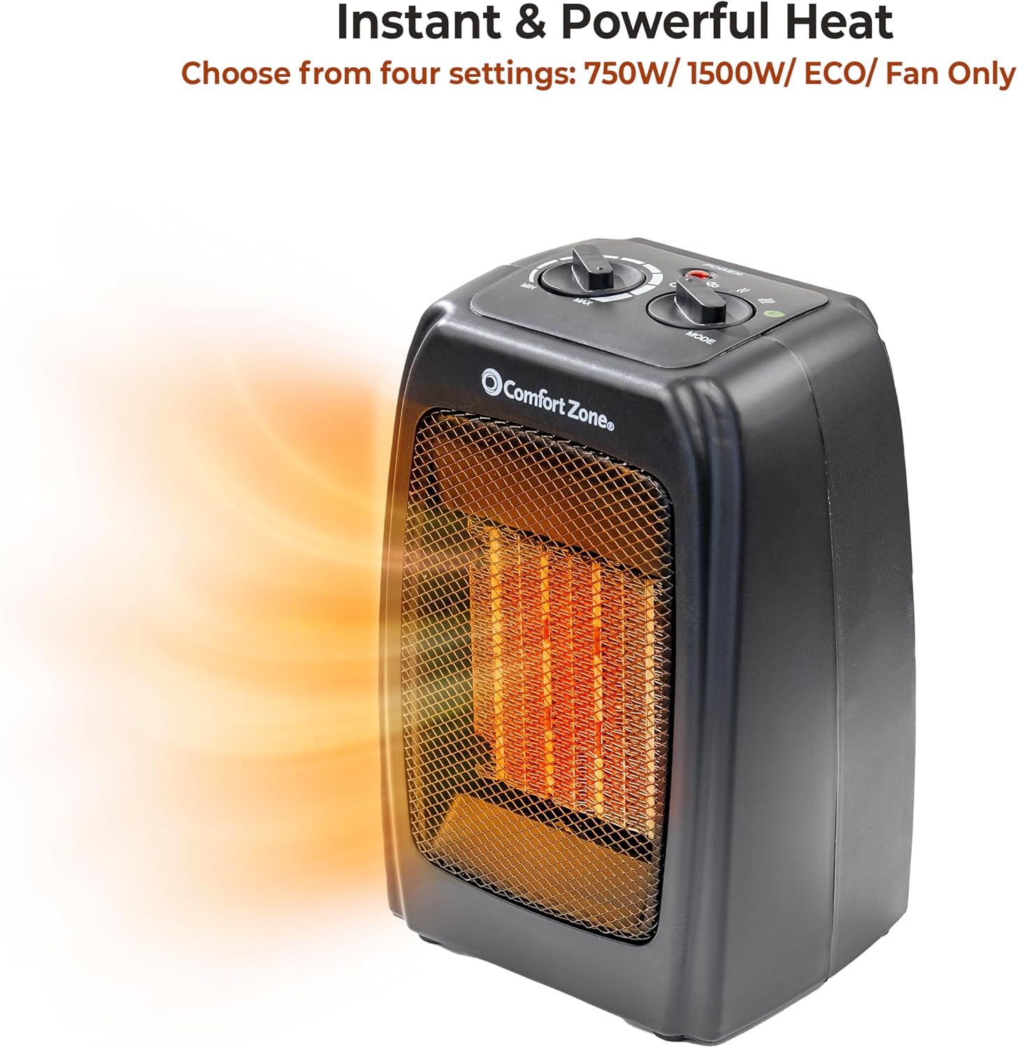 Comfort Zone CZ442E Personal Energy Save Ceramic Heater - 1500W Portable with Adjustable Thermostat, Tip-Over Switch & Overheat Protection, Black