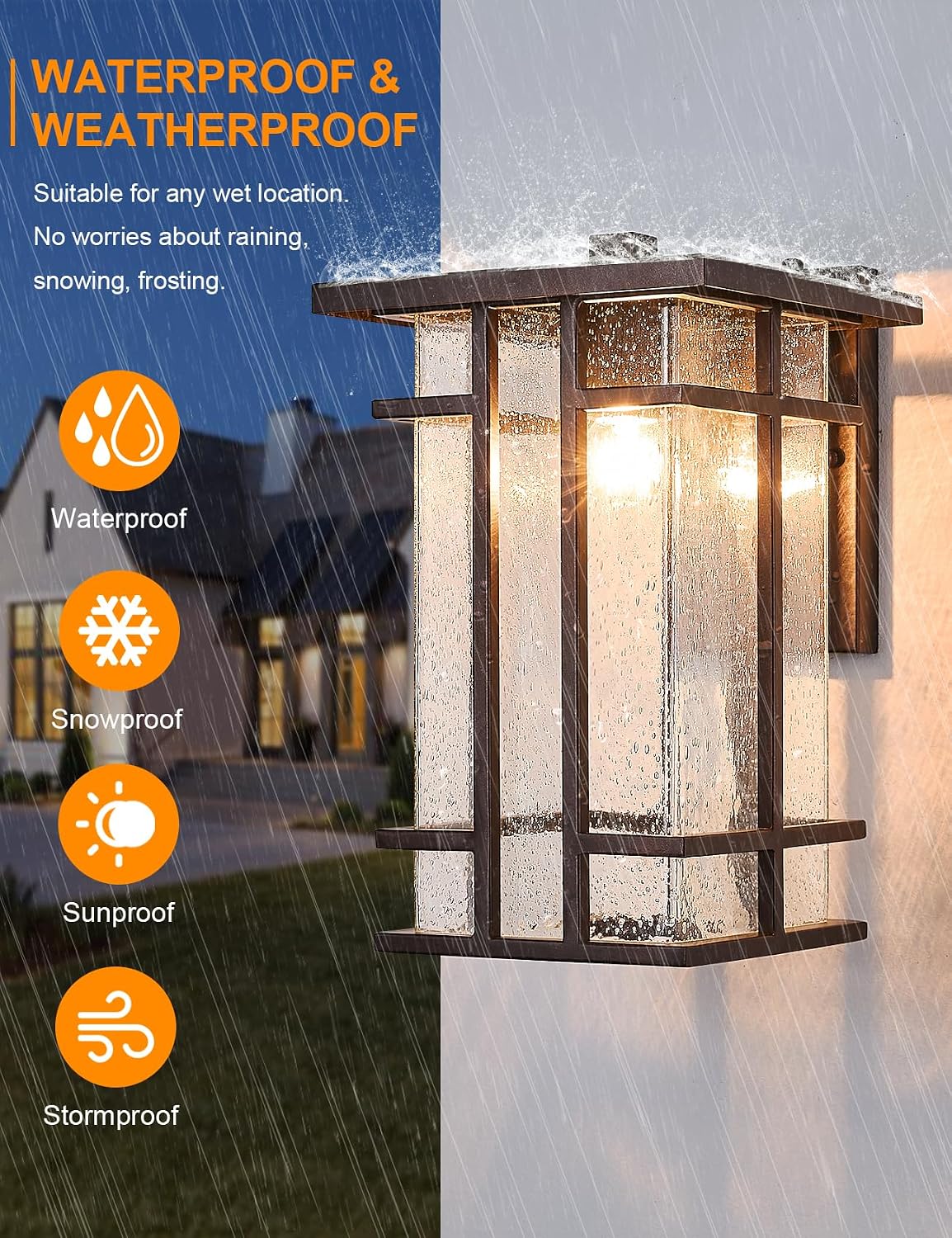 Rustic Dusk to Dawn Outdoor Wall Light Fixture 13.8"H Waterproof Exterior Wall Sconces Black Metal with Seeded Glass Sensor Outdoor Wall Lantern for