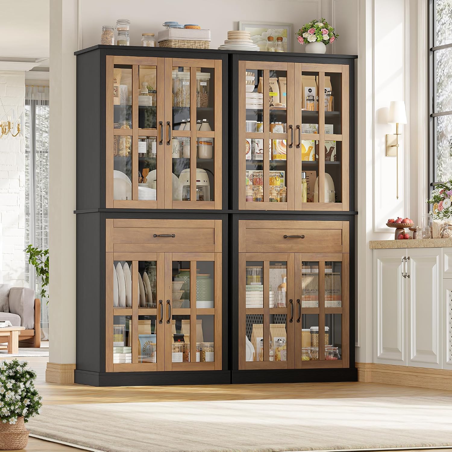 FOTOSOK 71'' Tall Kitchen Cabinet with Glass Doors and Drawer | Freestanding Food Pantry with Adjustable Shelves for Dining, Living Room, Natural