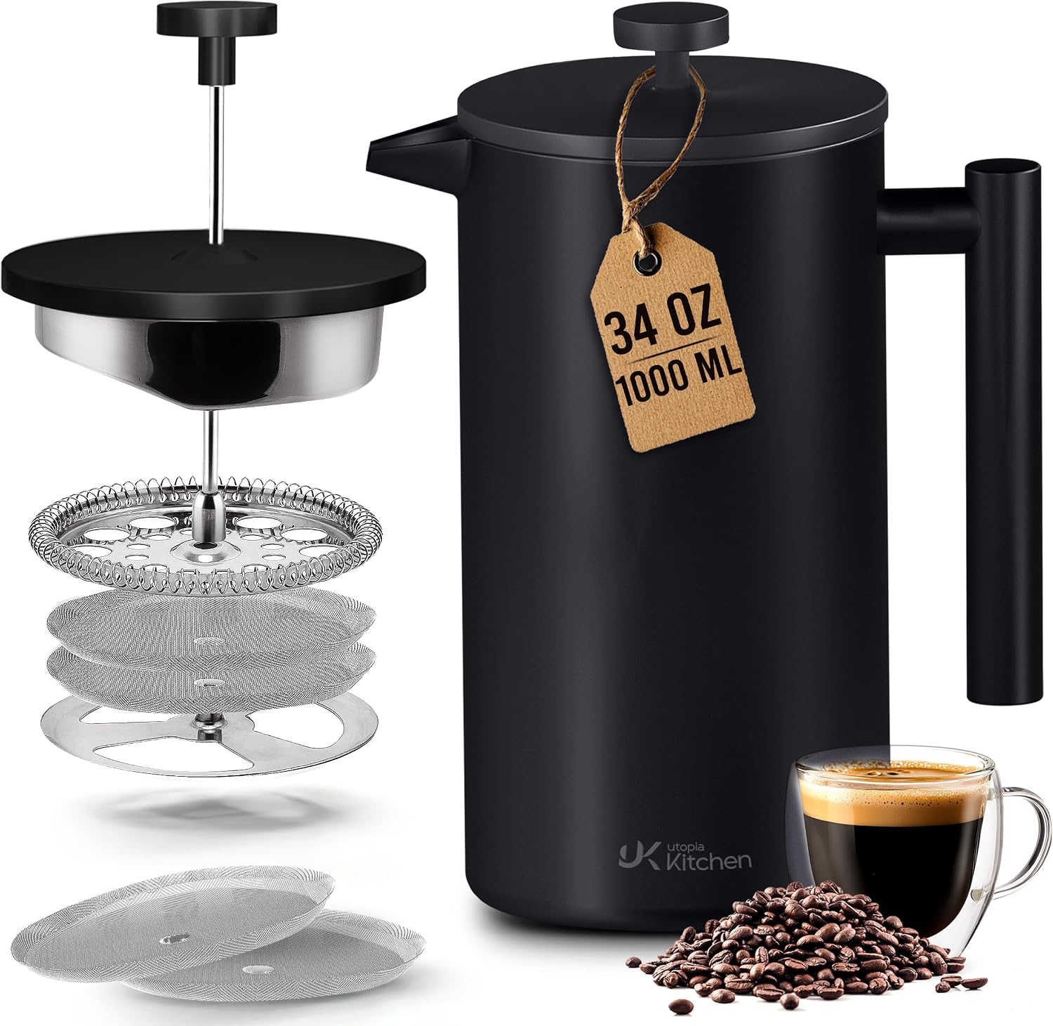 Utopia Kitchen 304 Grade Stainless Steel French Press 34 Oz, Silver | Double Wall Insulated Coffee Press with 4-Level Filtration System, Include 2 Extra Filters, Rust-Free, Dishwasher Safe