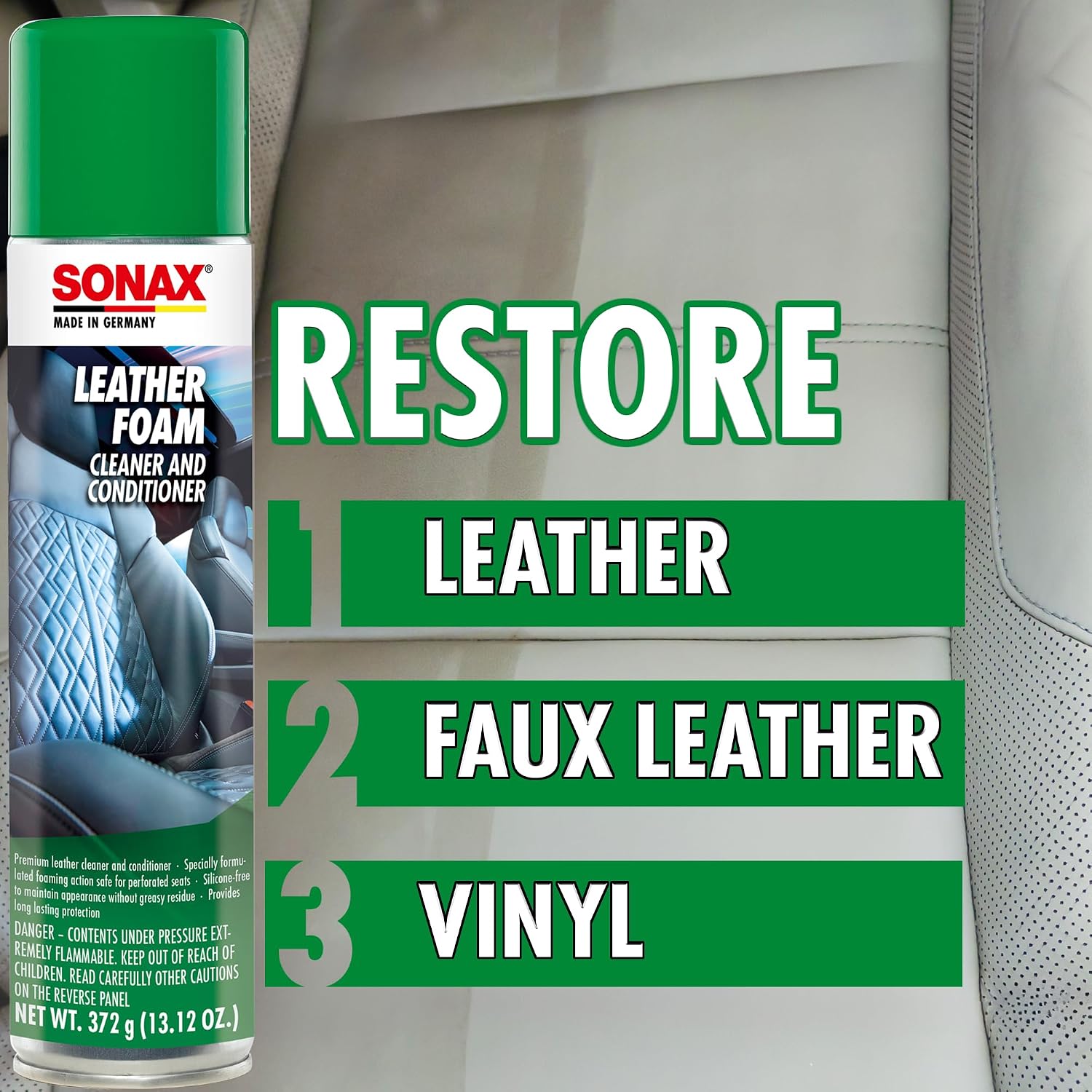 SONAX Leather Foam 289300 | 2 in 1 Aerosol Leather Cleaner and Conditioner | Safe to Use on Perforated Air Conditioned/Heated Seats | UV Protection