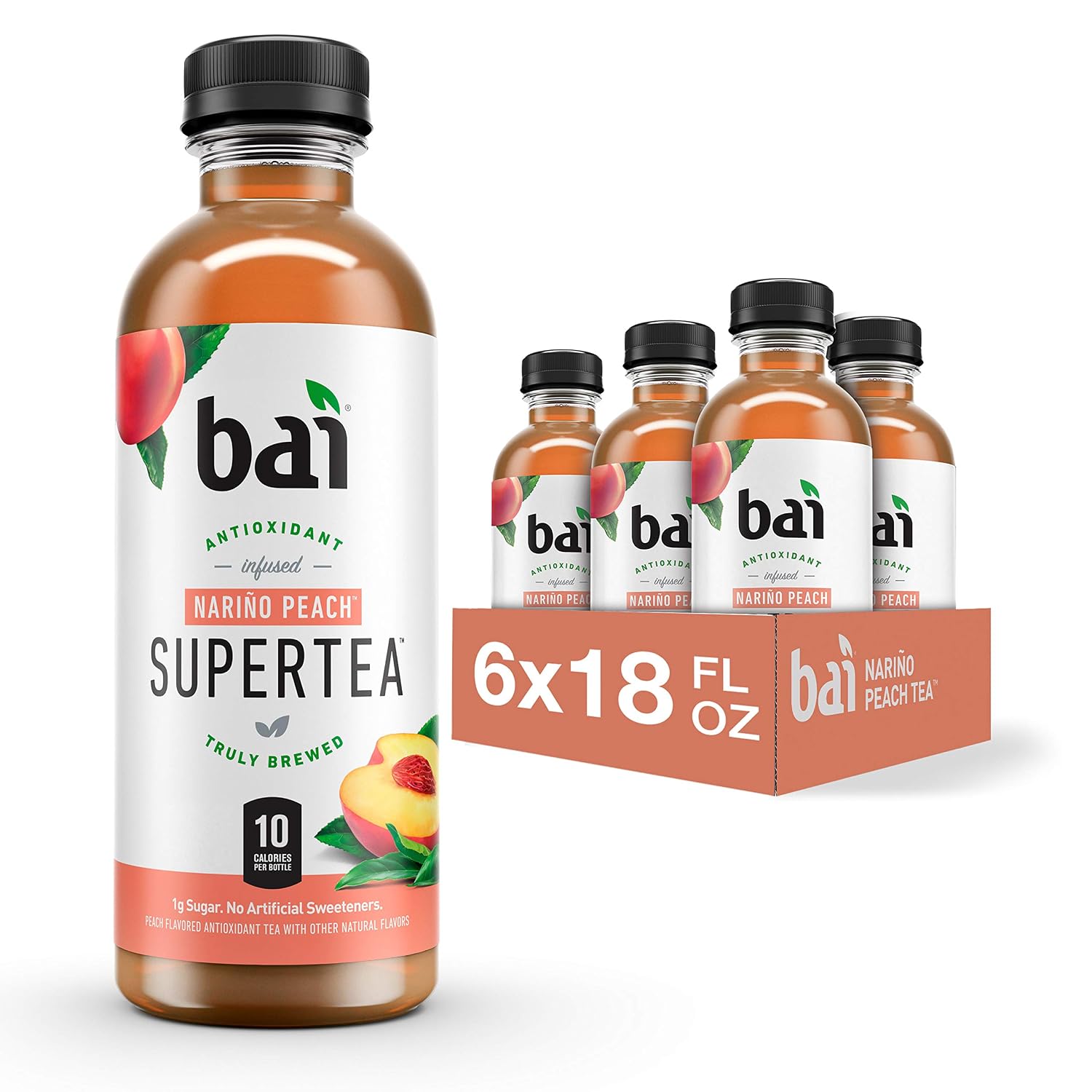 Bai Iced Tea, Narino Peach, Antioxidant Infused Supertea, Crafted with Real Tea (Black Tea, White Tea), 18 Fluid Ounce Bottles, 12 count