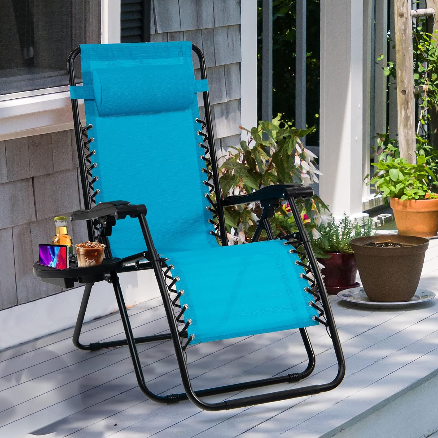 Goplus Zero Gravity Lounge Chairs, 160°Adjustable Folding Recliner w/Pillow and Cup Holder, 350LBS Comfy Outdoor Lounge Chairs for Patio, Lawn, Yard & Camp(1, Gray)