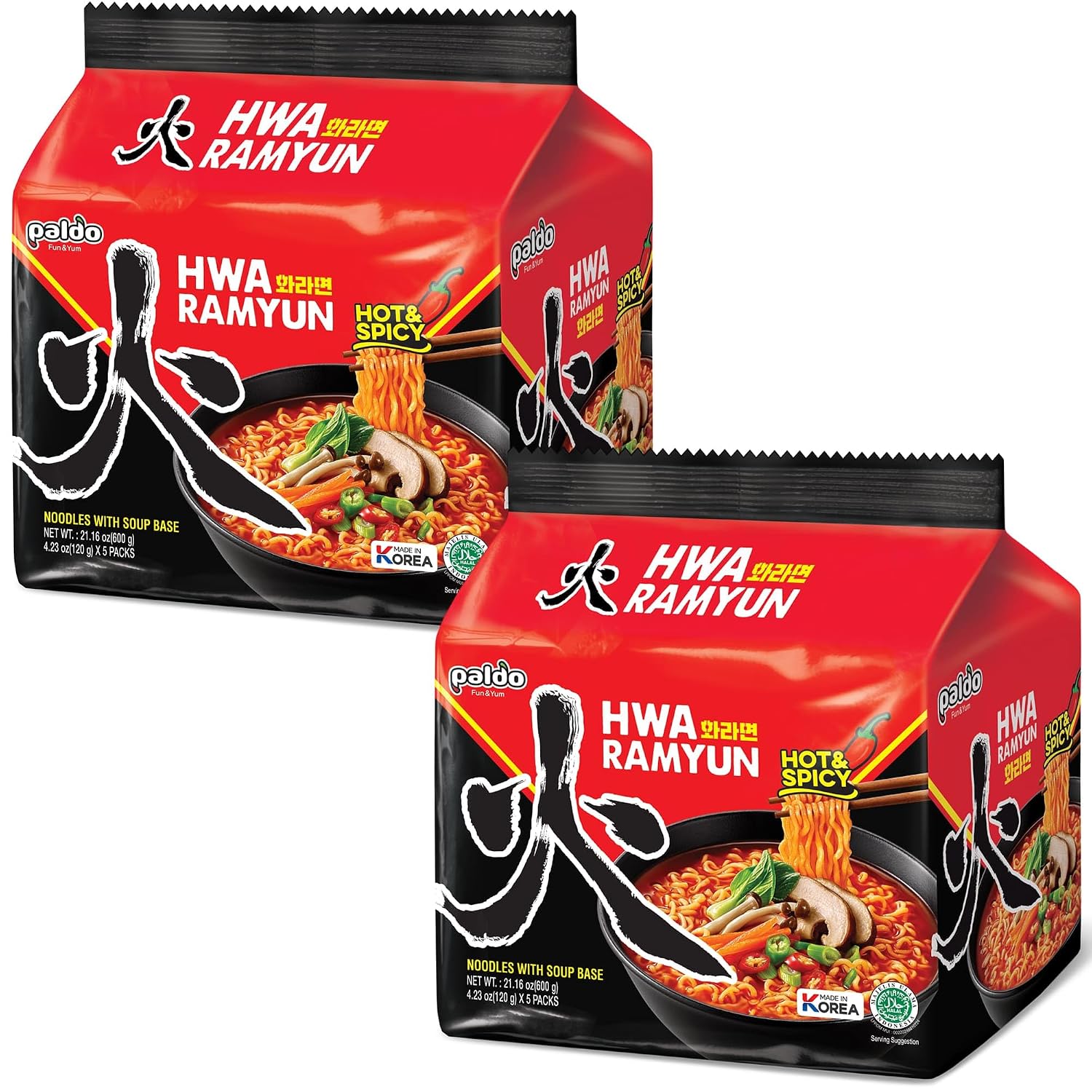 Paldo Fun & Yum Hwa Ramyun, Authentic Korean Imported, Spicy Soup Ramen, Quick & Easy to Cook Instant Noodles, Family Size 4/5-Pack