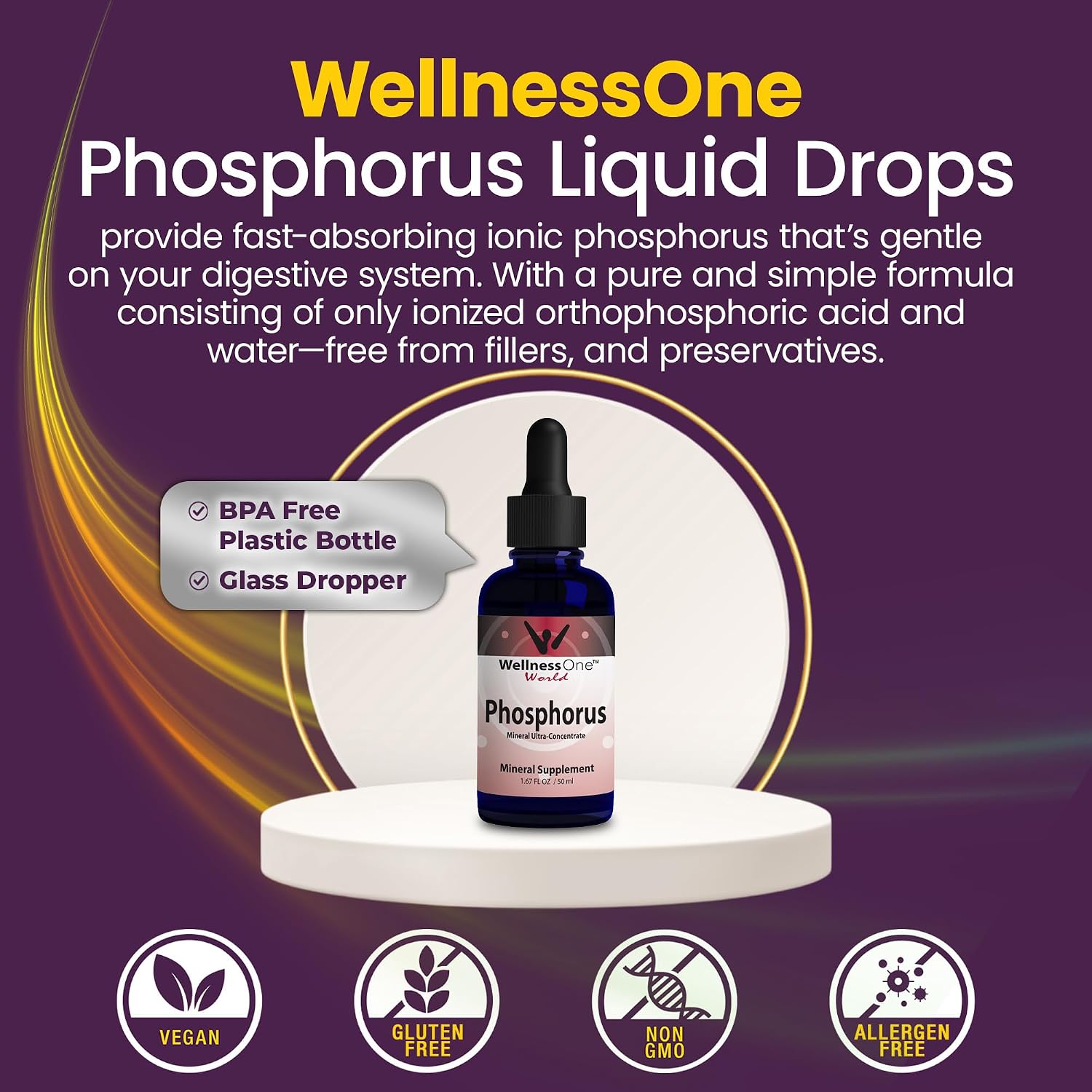 WellnessOne Ionic Phosphorus Supplements - Phosphorus Liquid from Ortho Phosphoric Acid for Teeth, Bone Health, & Energy Support - Non-GMO, Vegan