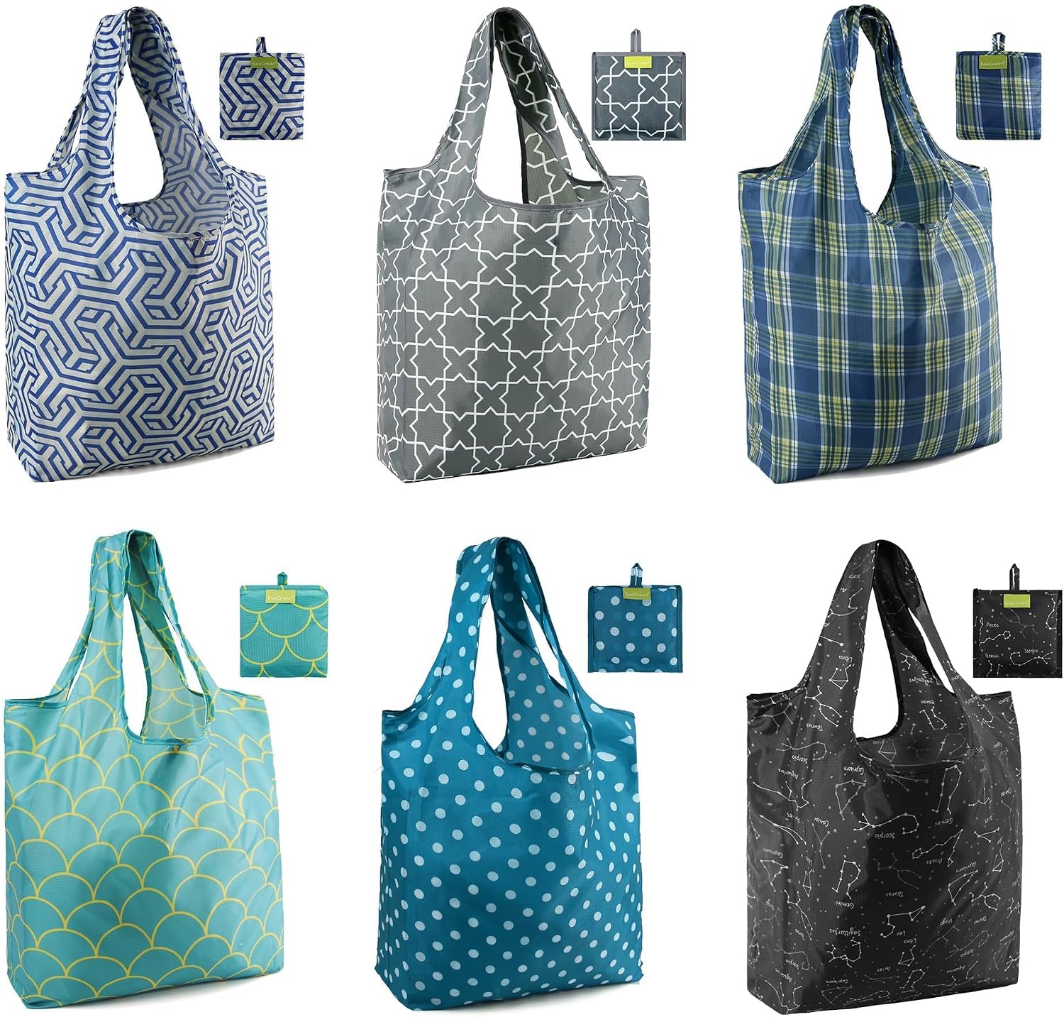 BeeGreen Grocery Bags | Reusable Gift Bags, Large Tote for Women & Foldable Beach Bag - 6 Pack Reusable Bag With Handles | Collapsible Cute Cloth Storage for Market, Holiday & Shopping | Washable​