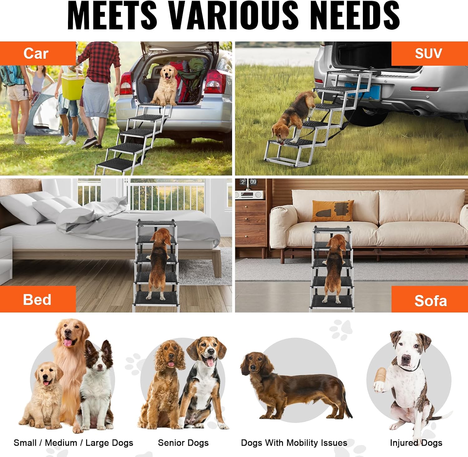 VEVOR 4-Step Dog Car Steps, Folding Dog Ramp with Nonslip Surface, Portable Pet Steps in Aluminum for Car, SUV and Truck, Supports up to 250 lbs