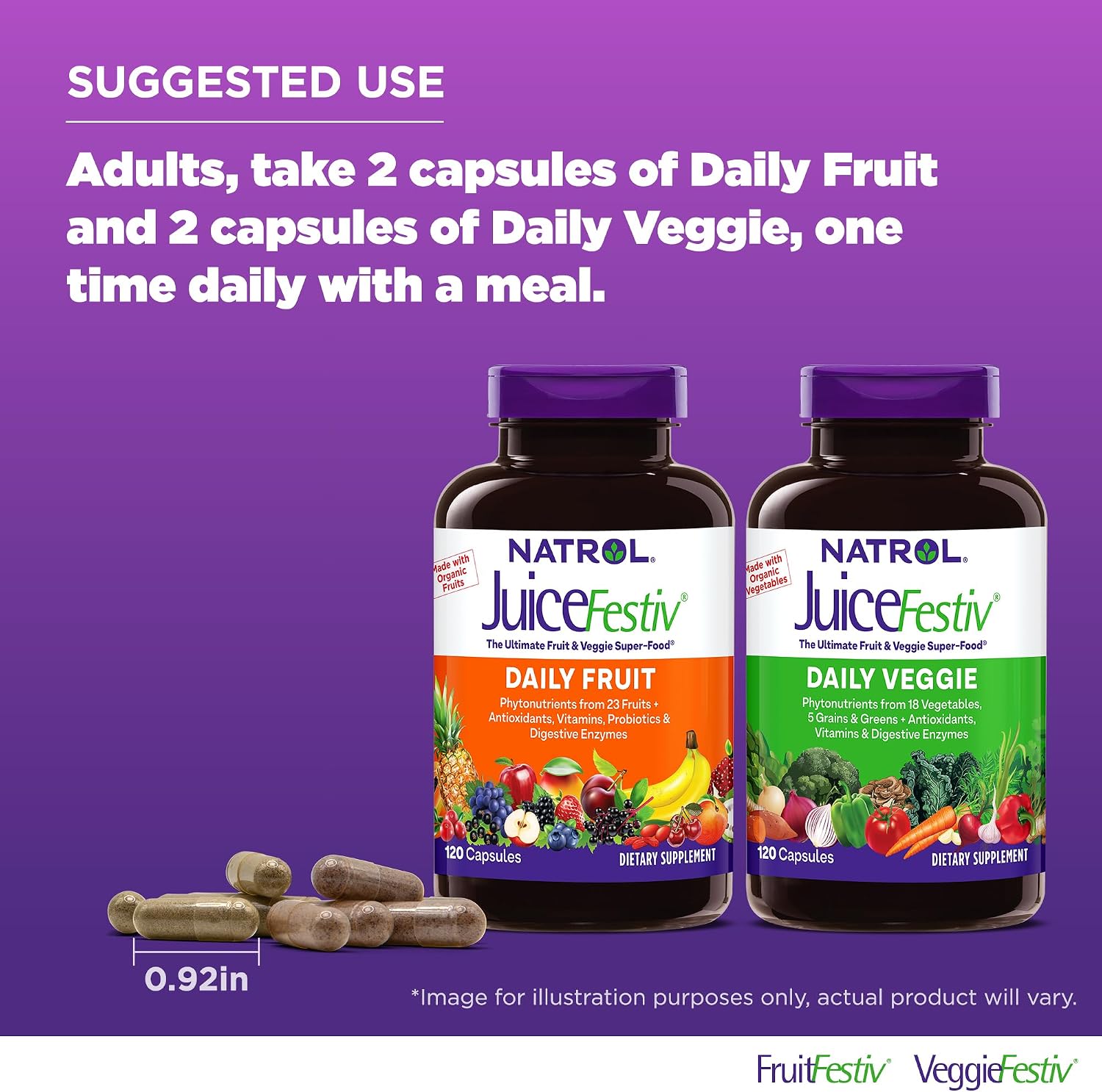 Natrol JuiceFestiv Vitamins and Supplements, 90 Capsules (2-Count) | For Nutrition & Well-being, Antioxidants for Cellular Health, Daily Fruit & Veggie Capsules, 180 Capsules, 45 Day Supply