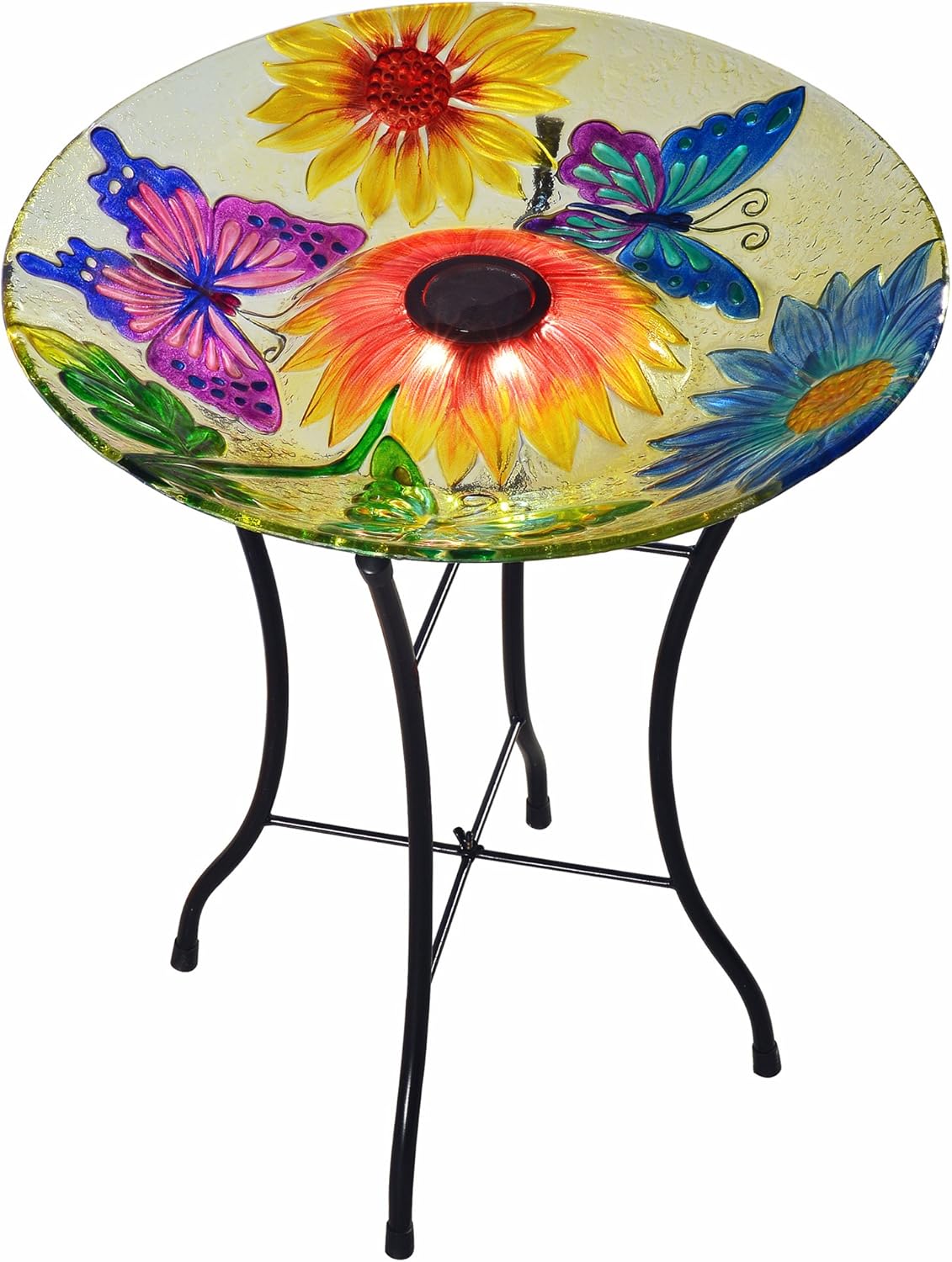 Teamson Home Handpainted Hummingbird Fusion Glass Birdbath Bowl Feeder with Metal Stand for Outdoor Patio Garden Backyard Decking, 21 Inch Height, Purple/Light Blue | Fusion Glass, Metal Stand, Outdoor Patio Garden Backyard Decking, 21 Inch Height