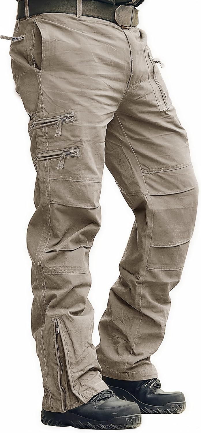 CRYSULLY Mens Tactical Cargo Pants Ripstop Cotton Military Hiking Work
