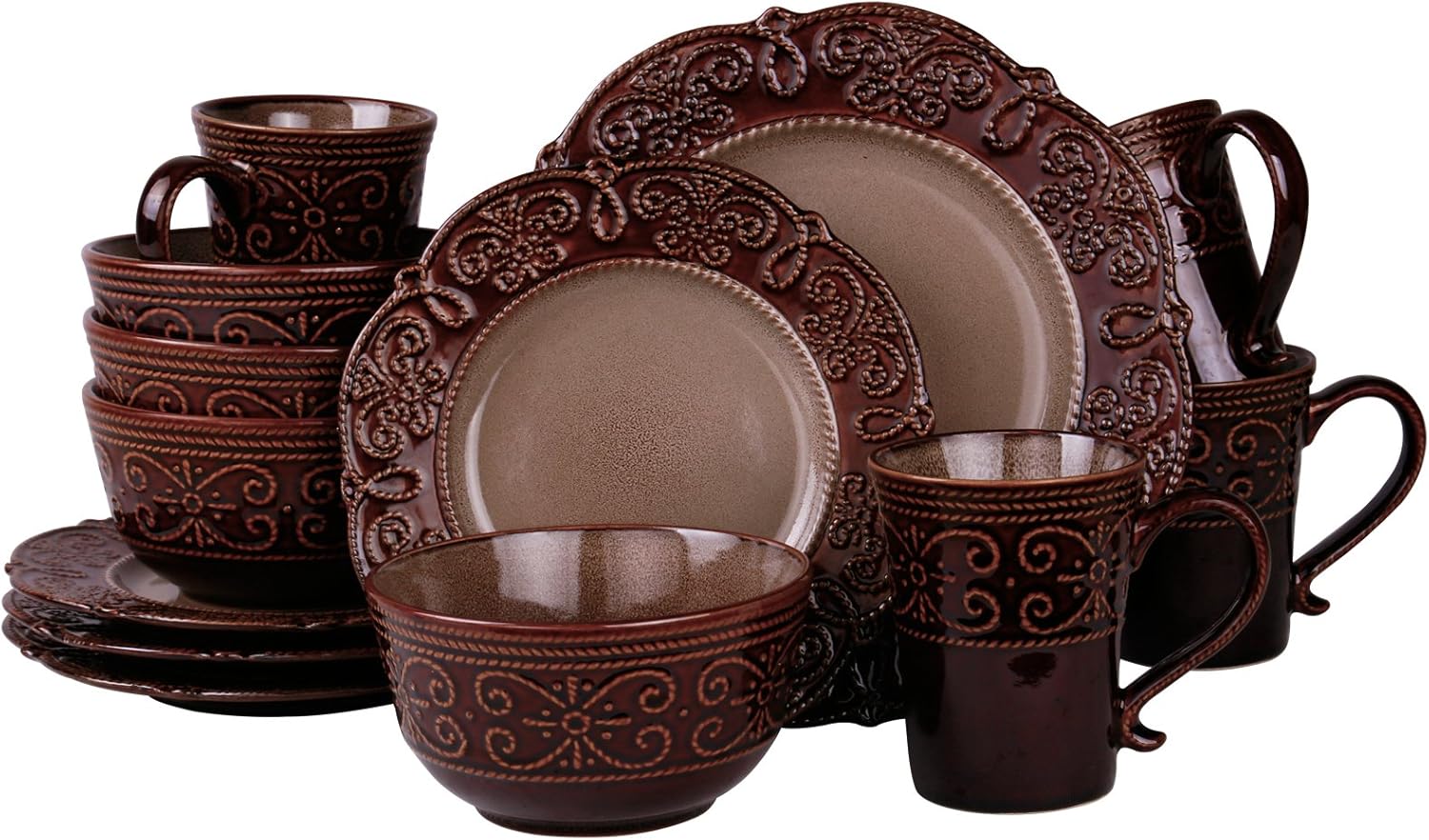 Elama Round Decorated Stoneware Scallop Embossed Dinnerware Dish Set, 16 Piece, Luna