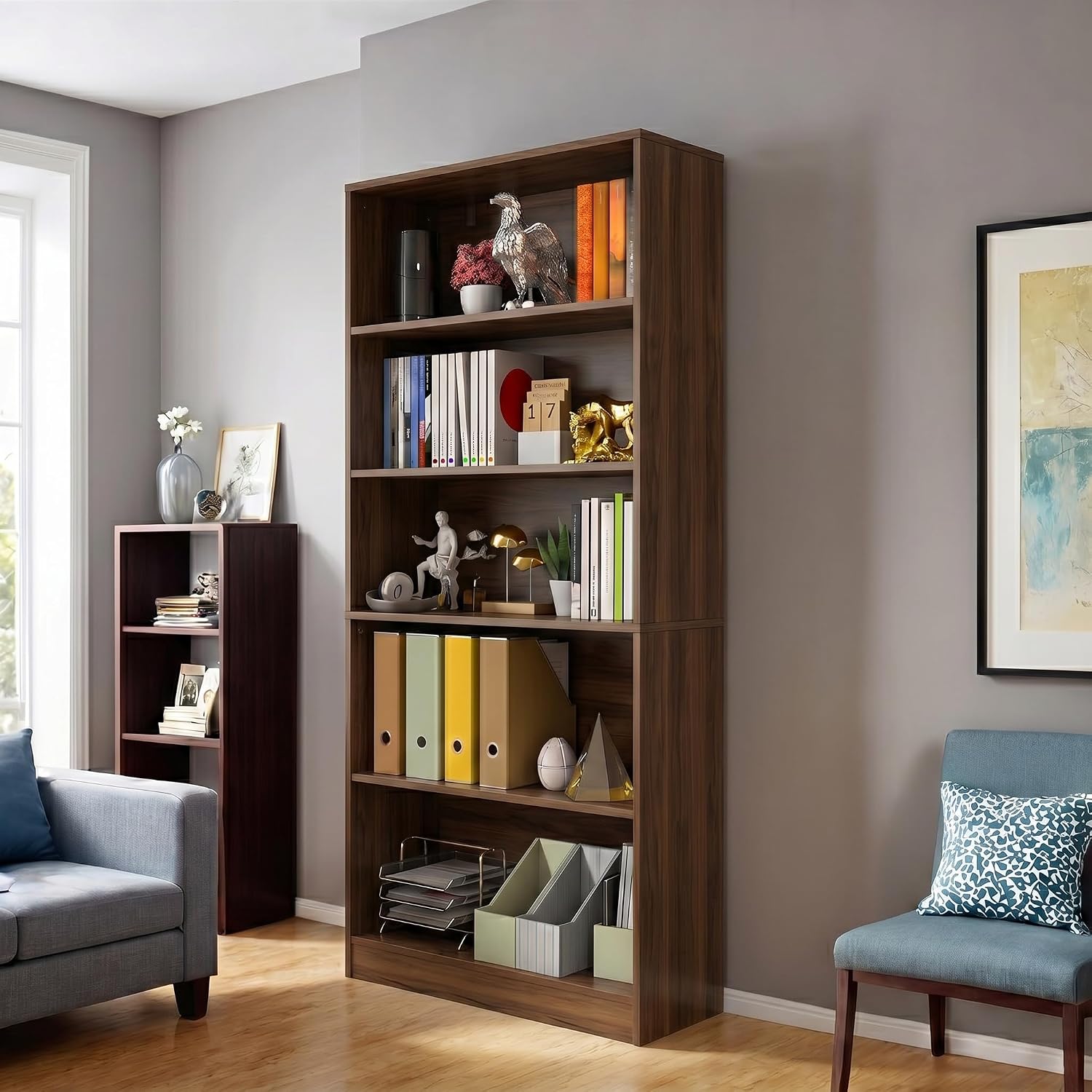 holzart 71" Tall Book Shelf, 5 Tier Large Bookshelf, Standing Wood Display Book Shelf for Living Room, Office, Library with Doors, 31.5" W x 70.87" H x 11.81" D, White