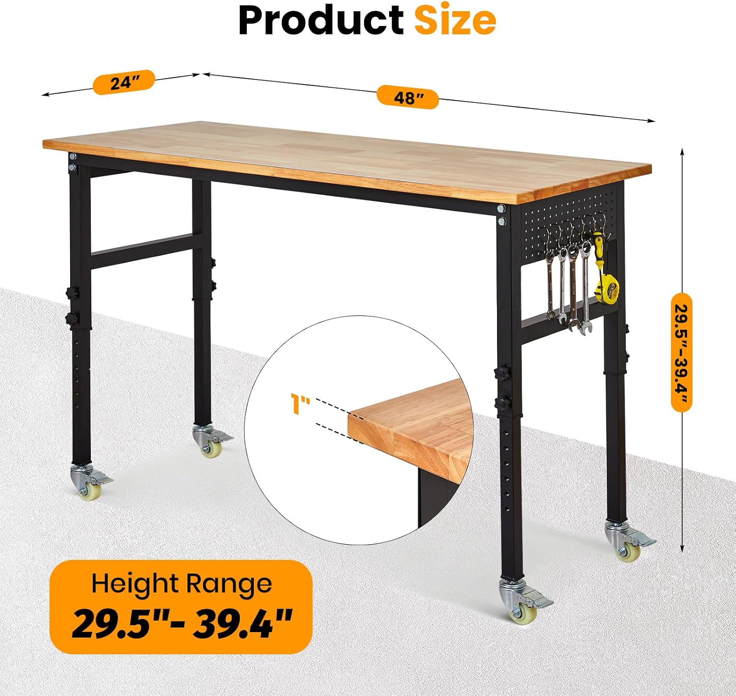 48" Adjustable Workbench, 8-Level Height Adjustable Rolling Work Table with Casters & Scale, Sit & Stand 2-in-1 Garage Tool Table with Pegboard & Hooks, for Workshop, Warehouse, DIY Projects
