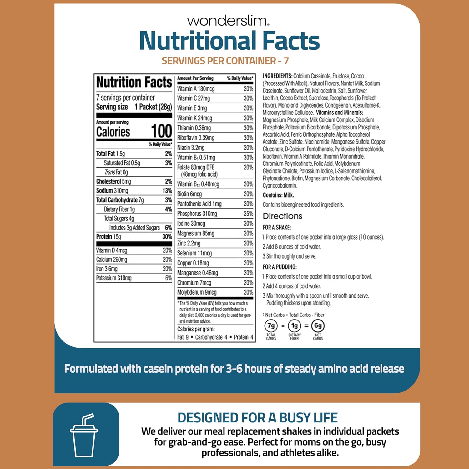 WonderSlim Protein Meal Replacement Shake – 15g Protein, 24 Vitamins & Minerals, Low Carb, Low Calorie, Gluten Free – Meal Replacement Drink for Weight Management, 7 Count Packets (Dark Cocoa Cream)
