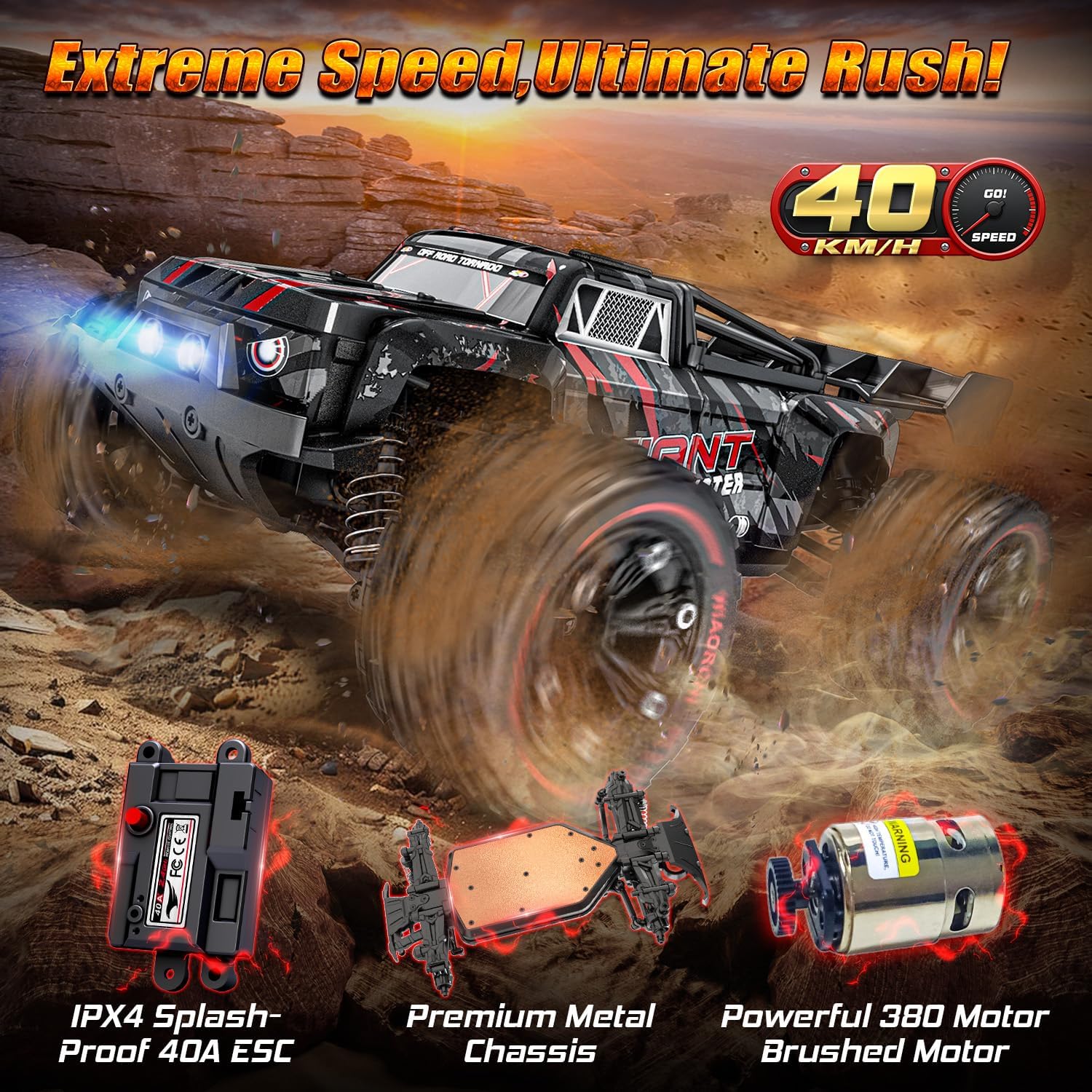 1:16 Scale All Terrain Fast RC Cars for Adults 40KPH, 4WD Electric Off-Road Remote Control Monster Truck with Metal Chassis, 2.4Ghz High Speed Car, Waterproof RC Truck with 2 Batteries for Boys & Kids