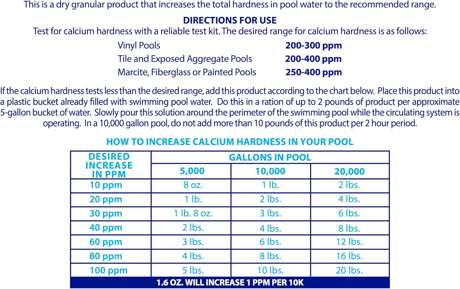 Robelle 16-Pounds Premium Pool Calcium Up | Pool Calcium Hardness Increaser, 100% Calcium Chloride, 8 ounces raises calcium hardness level 10 ppm per 5,000 gallons