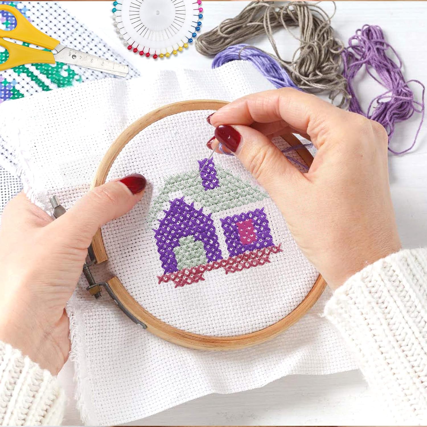 INSCRAFT 304 Pack Embroidery Kit, 200 Colors Threads, 5 Pcs Bamboo Embroidery Hoops, 2 Pcs Aida Cloth, Instructions, Bag and Cross Stitch Tools Set
