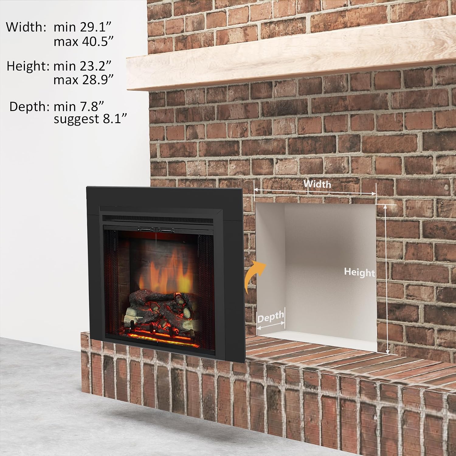 PuraFlame Klaus Electric Fireplace Insert with Fire Crackling Sound, Glass Door and Mesh Screen, 750/1500W, Black, 29 15/16 Inches Wide