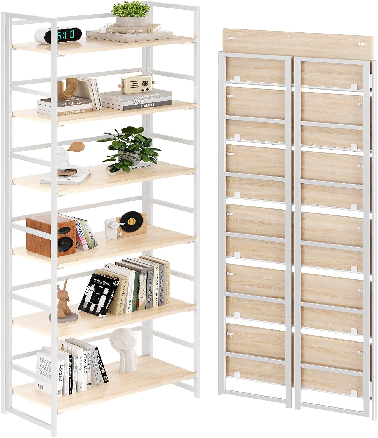 Vintage Multifunctional Folding Bookshelf, No-Assembly Plant Stand Storage Rack Shelves for Home Office (Fire, 5-Tier)