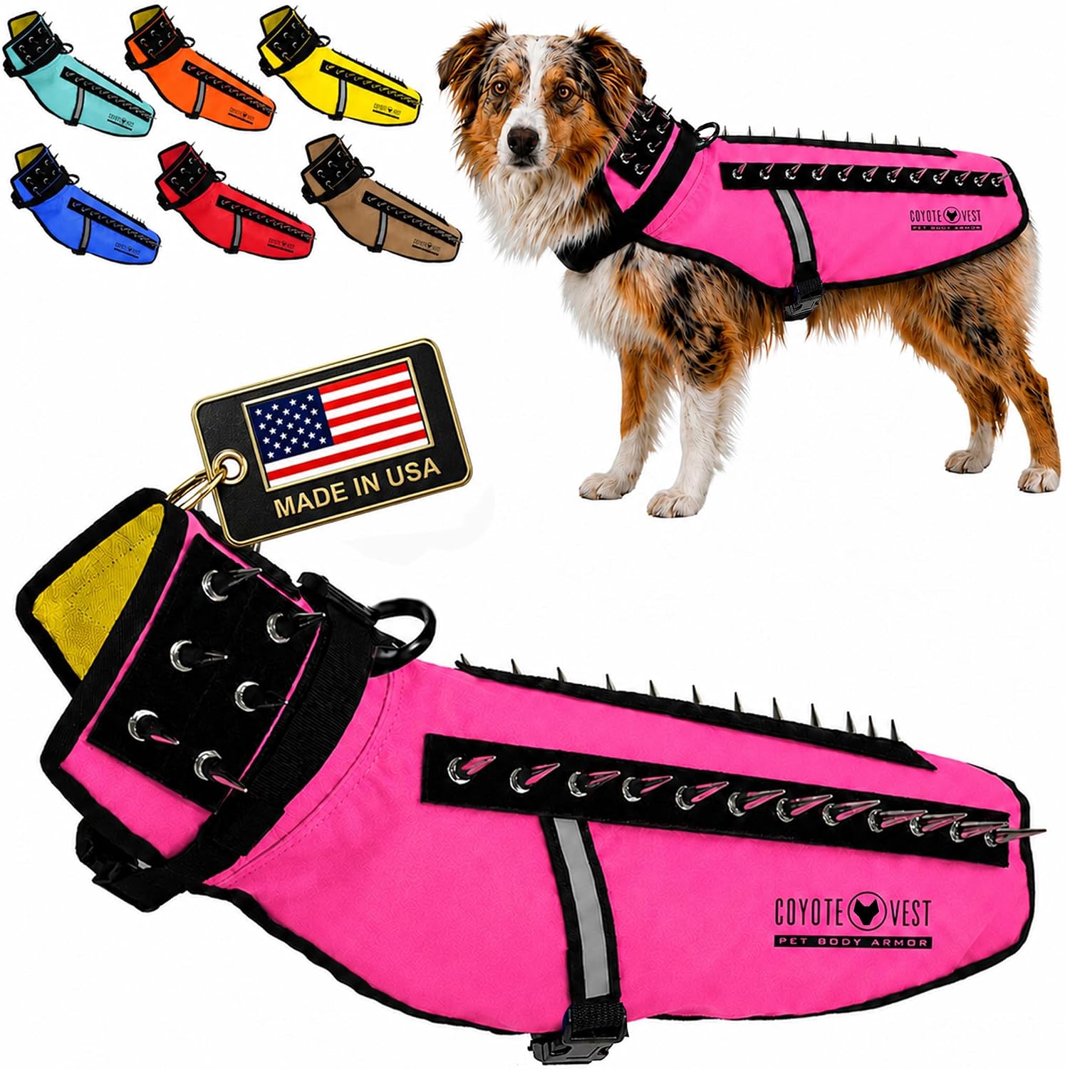 CoyoteVest Stab-Resistant Dog Harness, Made in USA, X-Small, Neon Pink | Stab-resistant Vest Helps Protect Small Dogs From Coyotes, Aggressive Dogs and Birds of Prey, with Removable Spikes