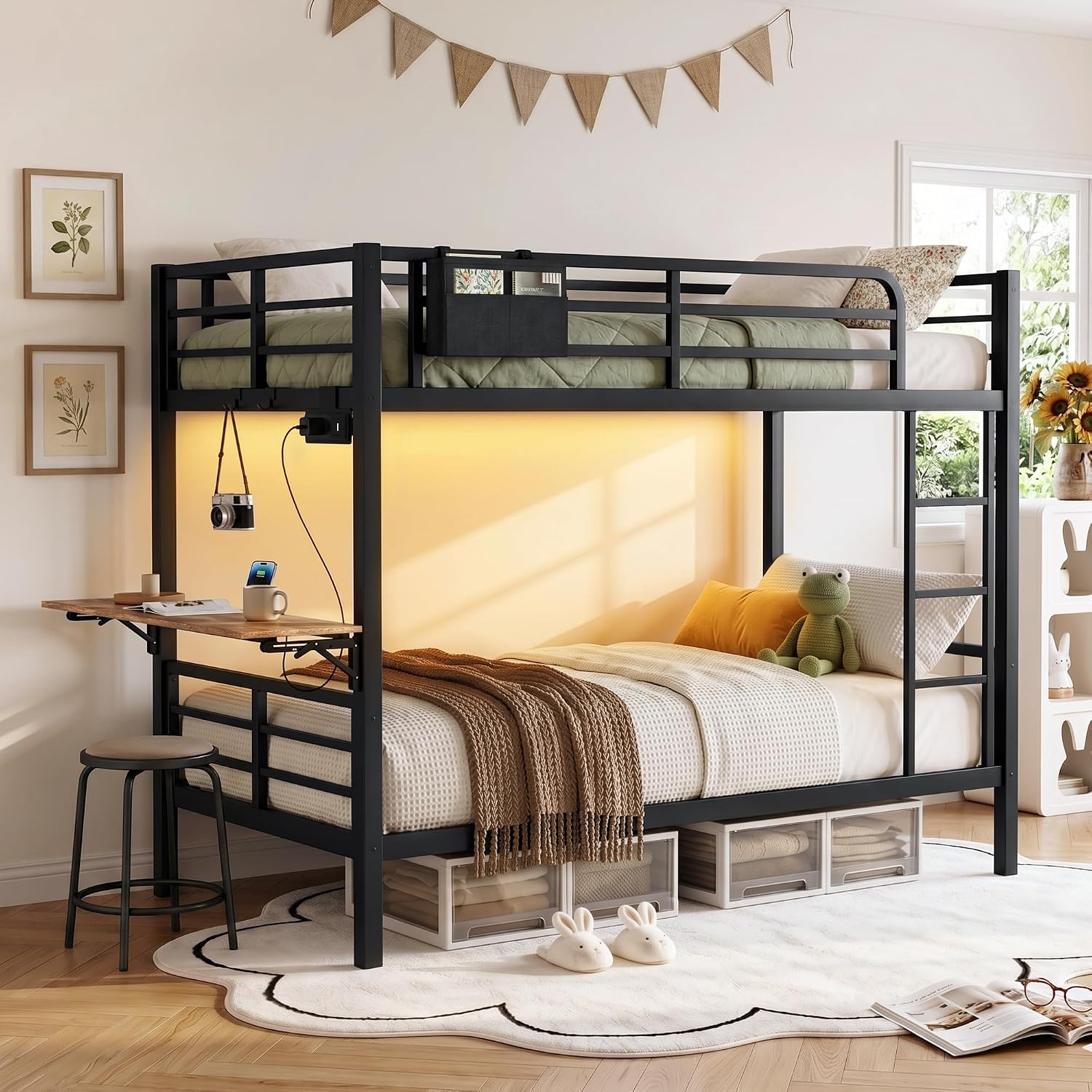 Twin XL Bunk Bed with Foldable Desk, LED Lights & Charging Station, Black | Upper Bunk Storage & 2 Drawers, Safety Guardrails with 4 Hooks, Space-Saving Design for Kids and Teens