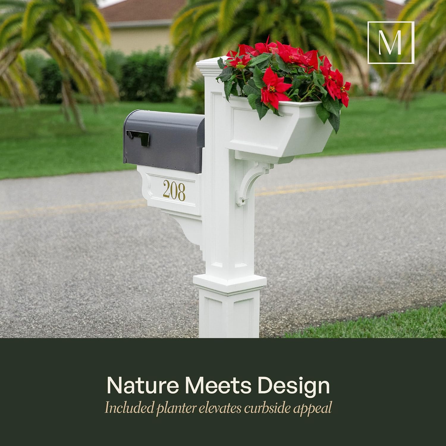 Mayne Signature Decorative Mail Post with Newspaper Holder & Planter, White | For post-mount mailboxes, Weather & fade resistant, All season, 15-year warranty