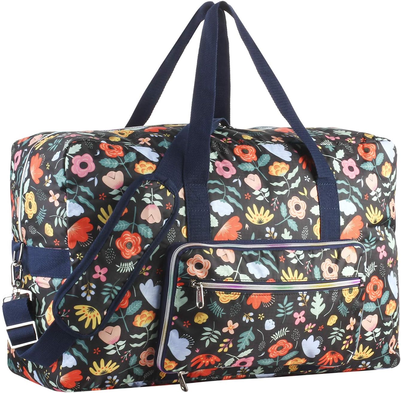 Travel Foldable Waterproof Duffel Bag - Lightweight Carry on Luggage Tote Duffel Bag(Black Floral)