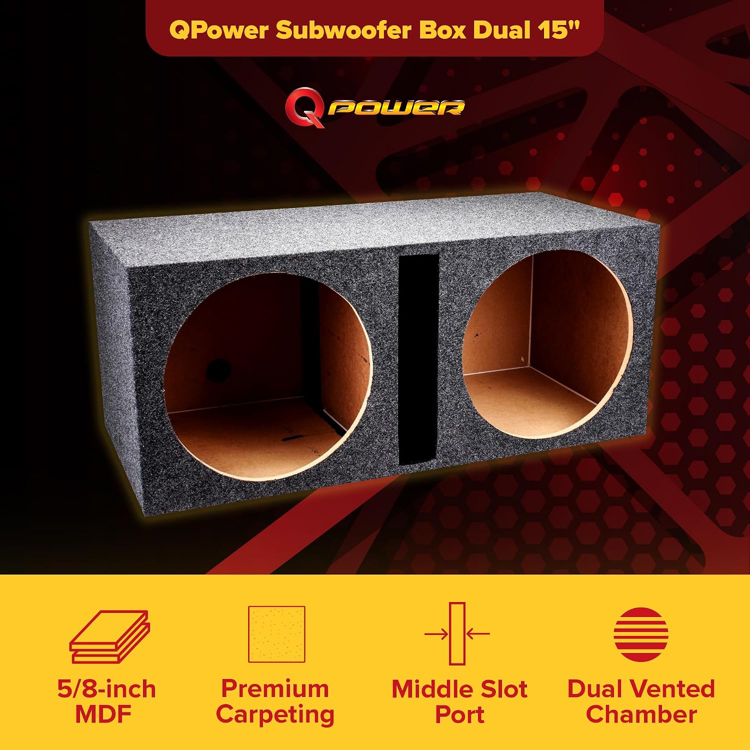 QPower QBASS 15 Inch Heavy Duty MDF Car Audio Stereo Speakers Subwoofer Sub Box Enclosure with Dual Vented Chamber and Charcoal Carpet