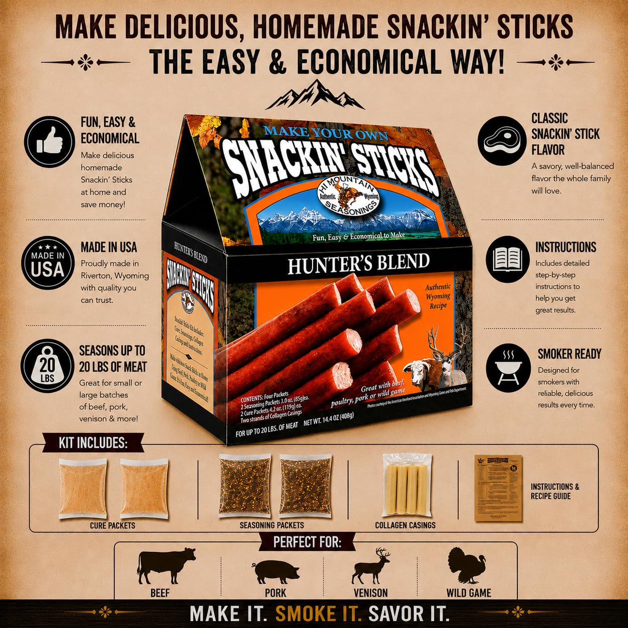 Hi Mountain Snack Stick Seasoning Kit | ORIGINAL | Makes 20 lbs | Complete Snack Stick Kit, Seasoning, Cure, Casings, & Directions Included, For Beef, Deer, Elk, Venison & Wild Game Meat