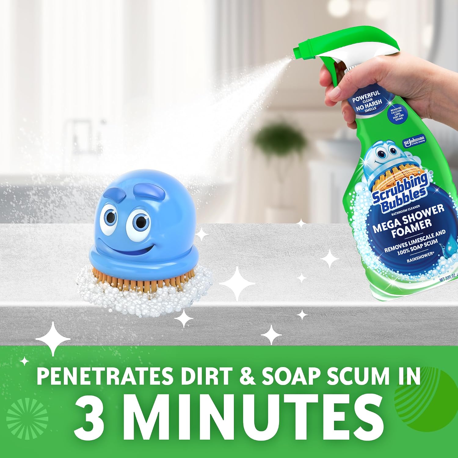 Scrubbing Bubbles Mega Bathroom and Shower Cleaner Spray, Foaming Action Removes Limescale and Soap Scum, Rainshower Scent, 32oz