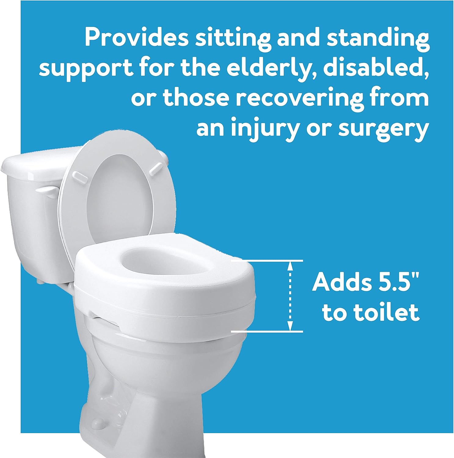 Carex Toilet Seat Riser, 5 Inch, Toilet Seat Risers for Seniors, Raised Toilet Seat, Supports 300lbs, Slip-Resistant, Toilet Riser