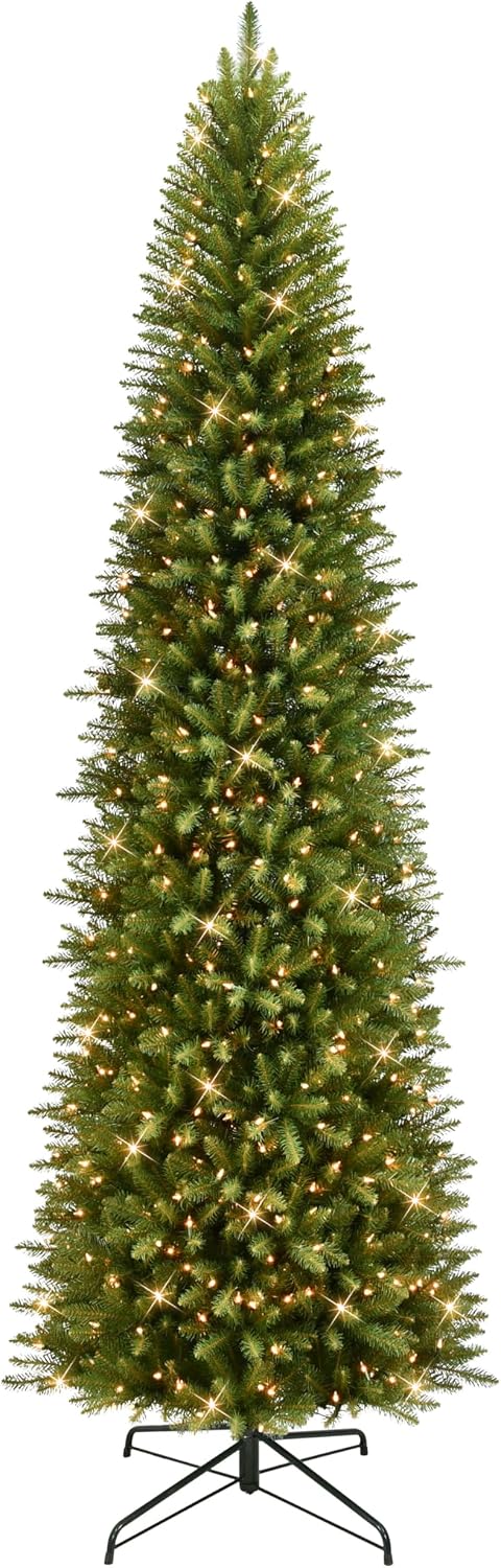 Puleo International 7.5ft Pre-Lit Fraser Fir Pencil Christmas Tree with 350 Clear Lights, 1188 Realistic Dense Branch Tips, Easy Setup Artificial Trees with Sturdy Metal Stand