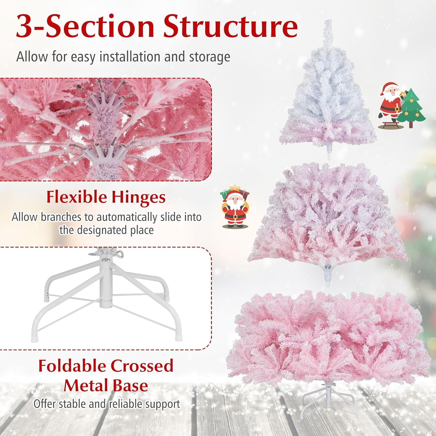 Goplus 7.5ft Pre-Lit Artificial Christmas Tree, Premium PVC Snow Flocked Hinged Pine Tree with Metal Stand and LED Lights
