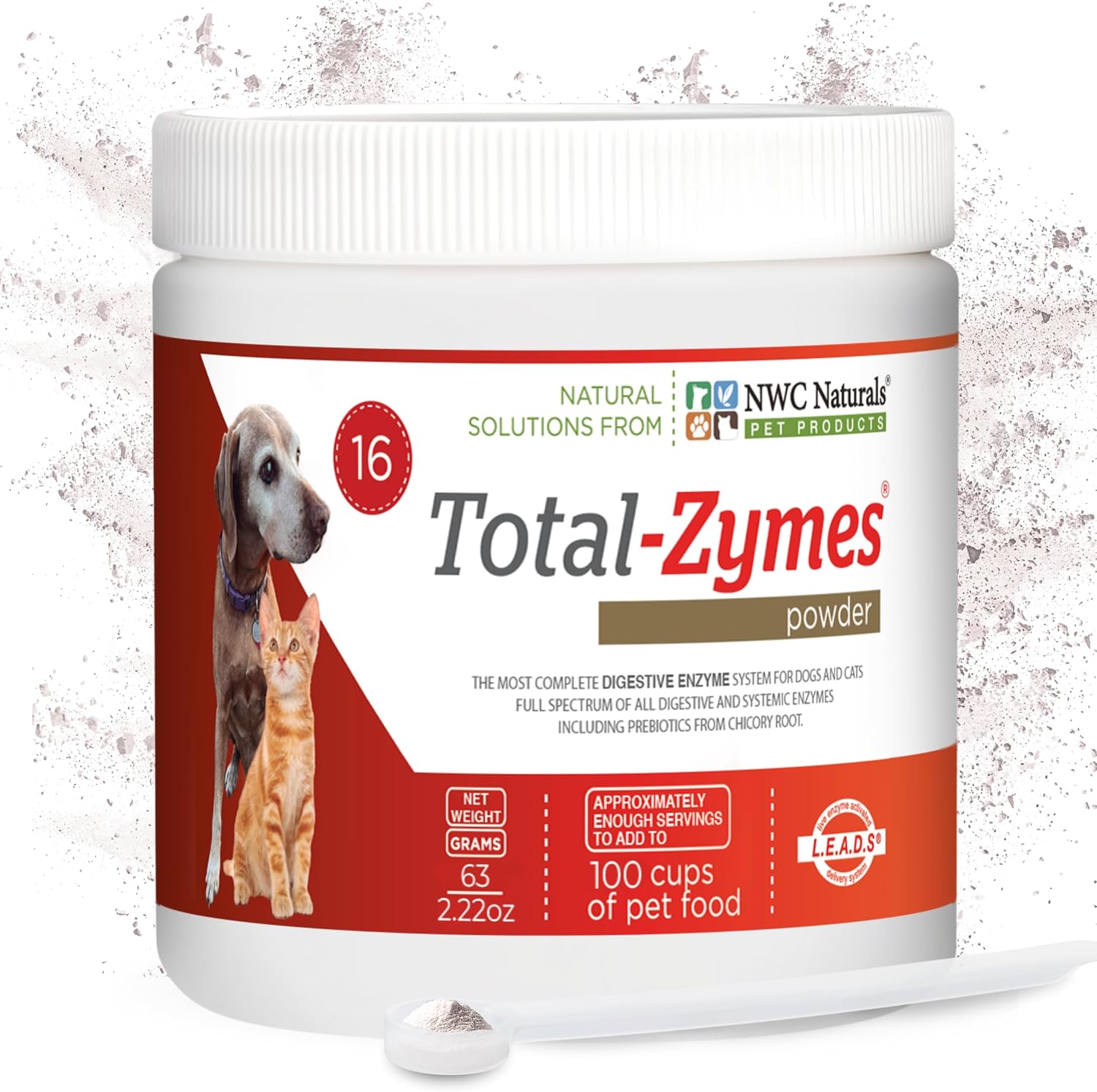 Total-Zymes Digestive Enzymes for Dogs and Cats, 8 oz. Powder | Unflavored Daily Powder, Mix 1 Scoop per Cup of Food, 16 Plant-Based Enzymes and Prebiotic Support Digestion and Absorption