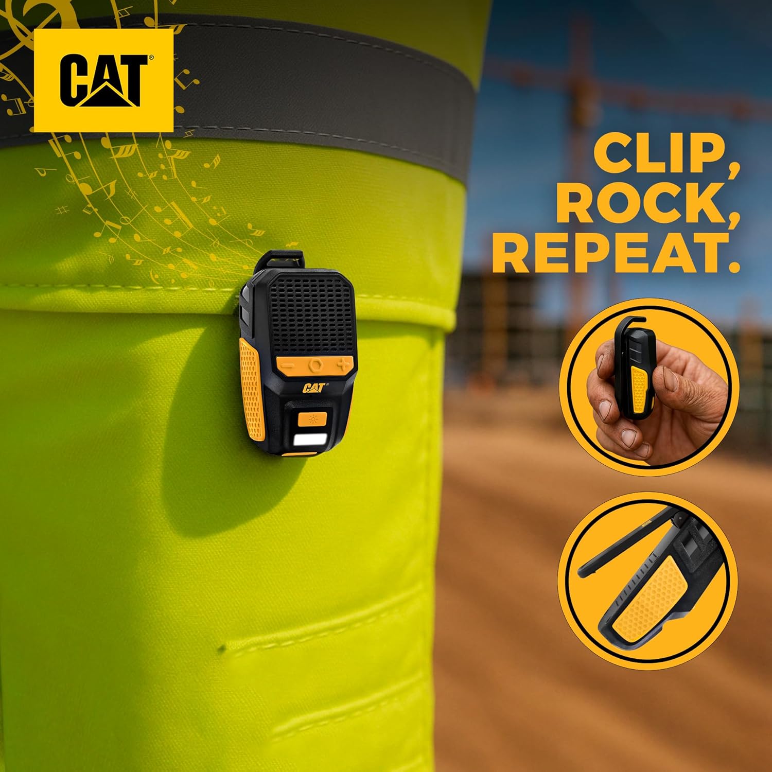 CAT Wearable Bluetooth Speaker | Clip-On Speaker with Built-in Mic for Jobsite, Construction, Outdoor | Water-Resistant | Hands-Free Calls & Music