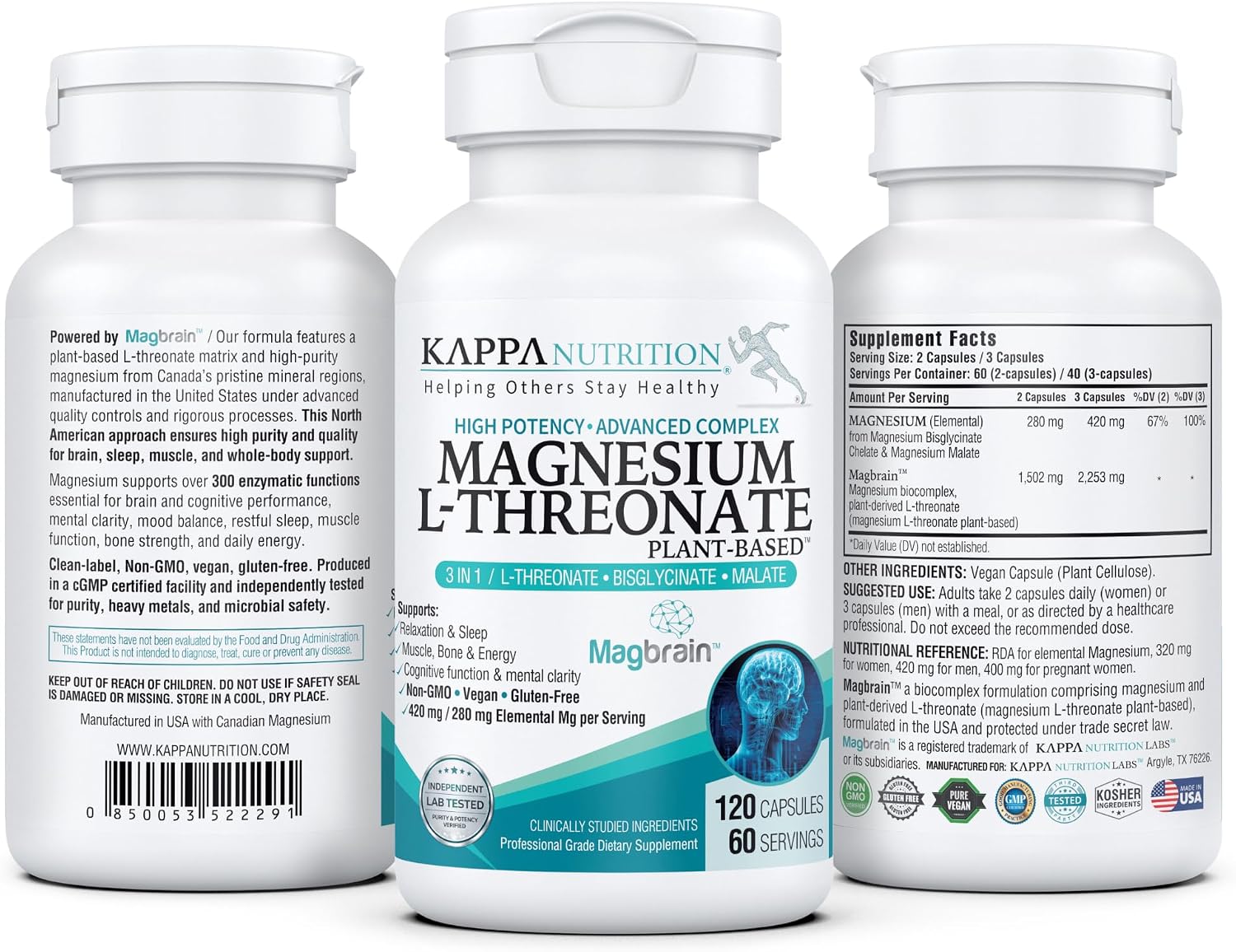 Kappa Nutrition Powered by Magbrain™ Magnesium L-Threonate Plant-Based, 420mg Elemental Magnesium (3 Capsules) from 2, 253mg, 120 Vegan Capsules