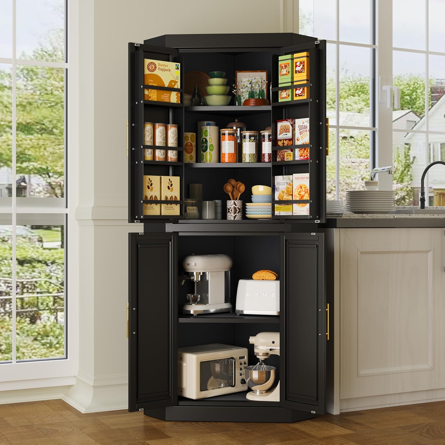 GAIOUS 75.2" Tall Metal Kitchen Pantry Storage Cabinets with 2 Door and 5 Adjustable Shelves, Cupboard for Kitchen, Dining Room, Living Room and Bathroom, White