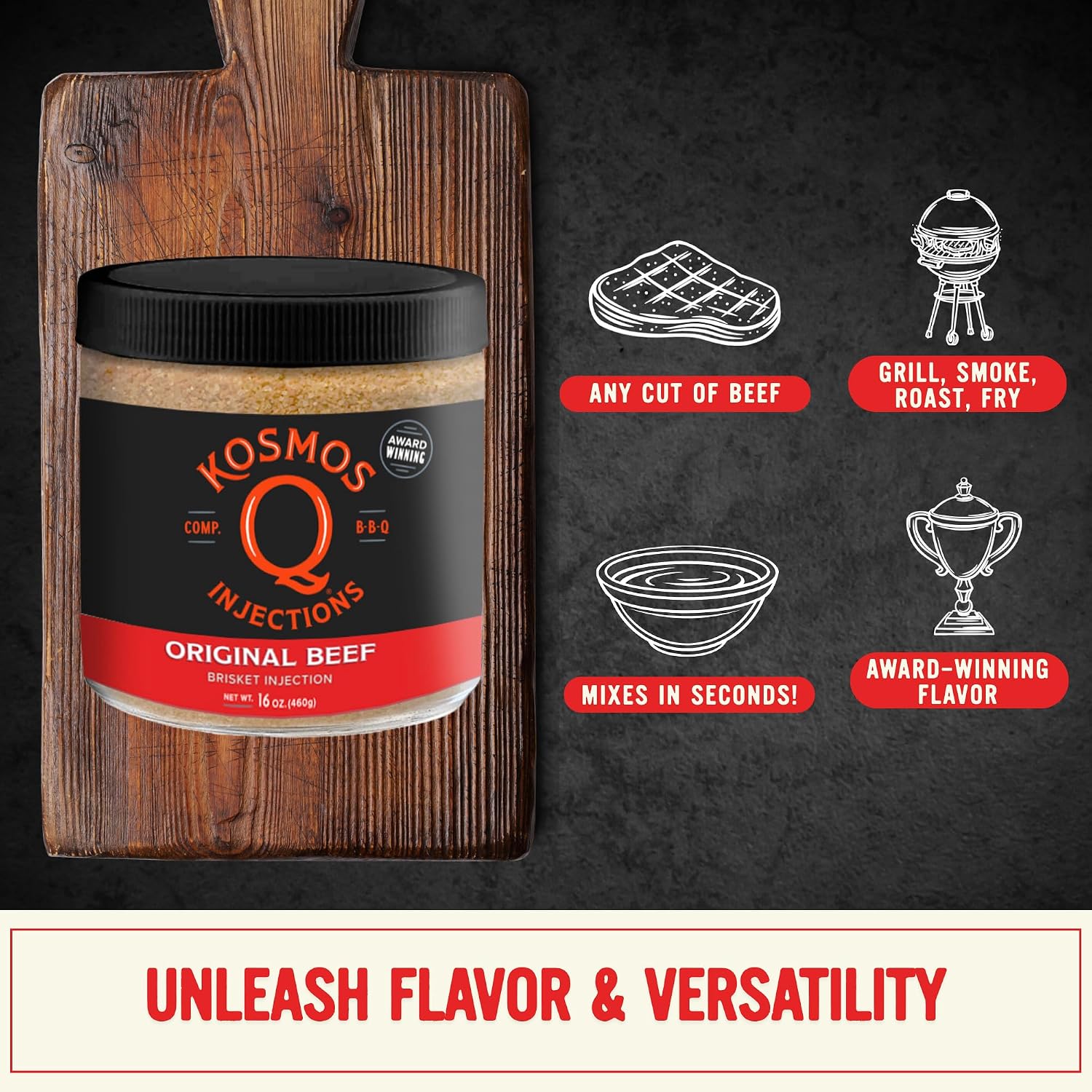Kosmos Q Reserve Blend Brisket Injection, Premium Beef BBQ Marinade for Tender & Juicy Brisket, Phosphate-Enhanced for Moisture Retention, Competition-Grade Seasoning, Gluten Free, 16 Oz Jar